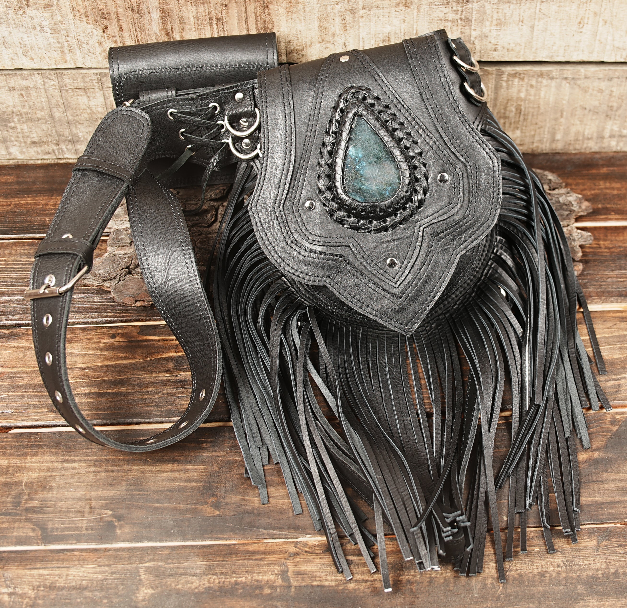 Handmade Black Leather Fringe Belt Bag: Festival Hip Pouch with gemstone 