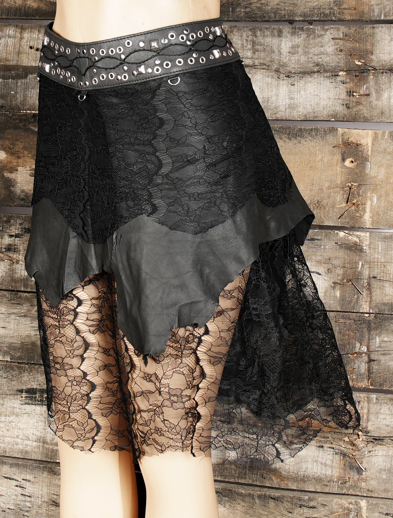 Beautiful mix of rustic leather and delicate lace fabric.