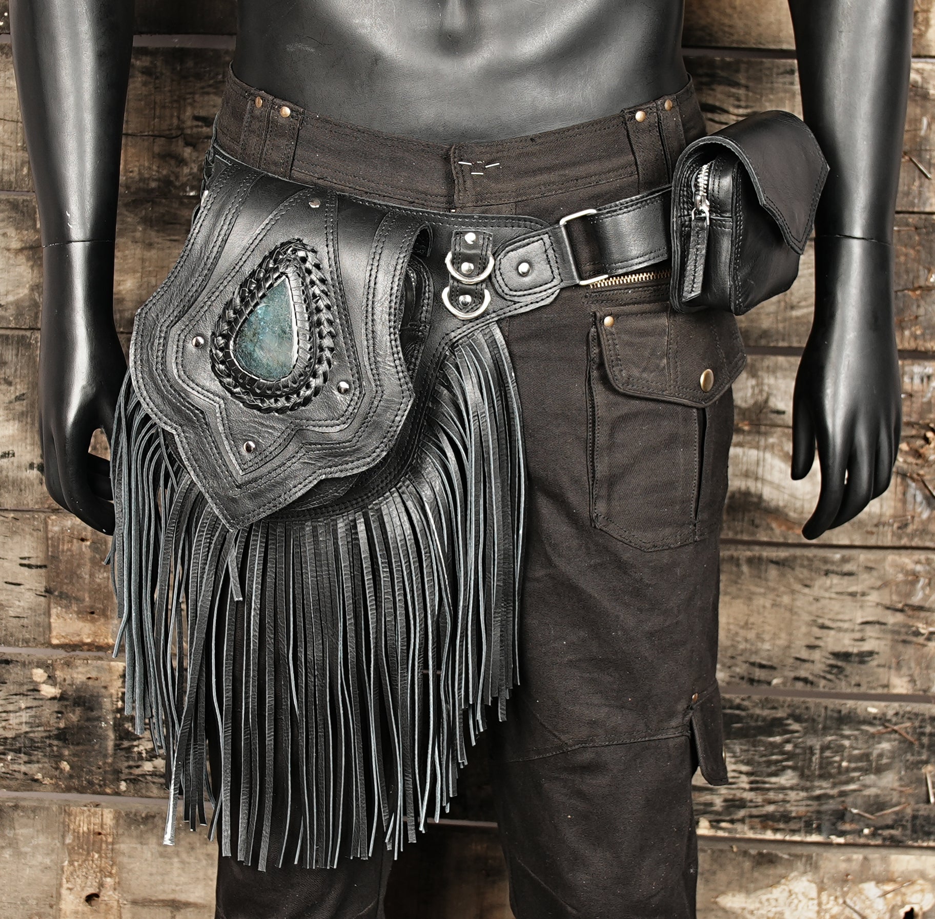 Handmade Black Leather Fringe Waist Bag: Labradorite Gemstone Belt Pouch small pocket 