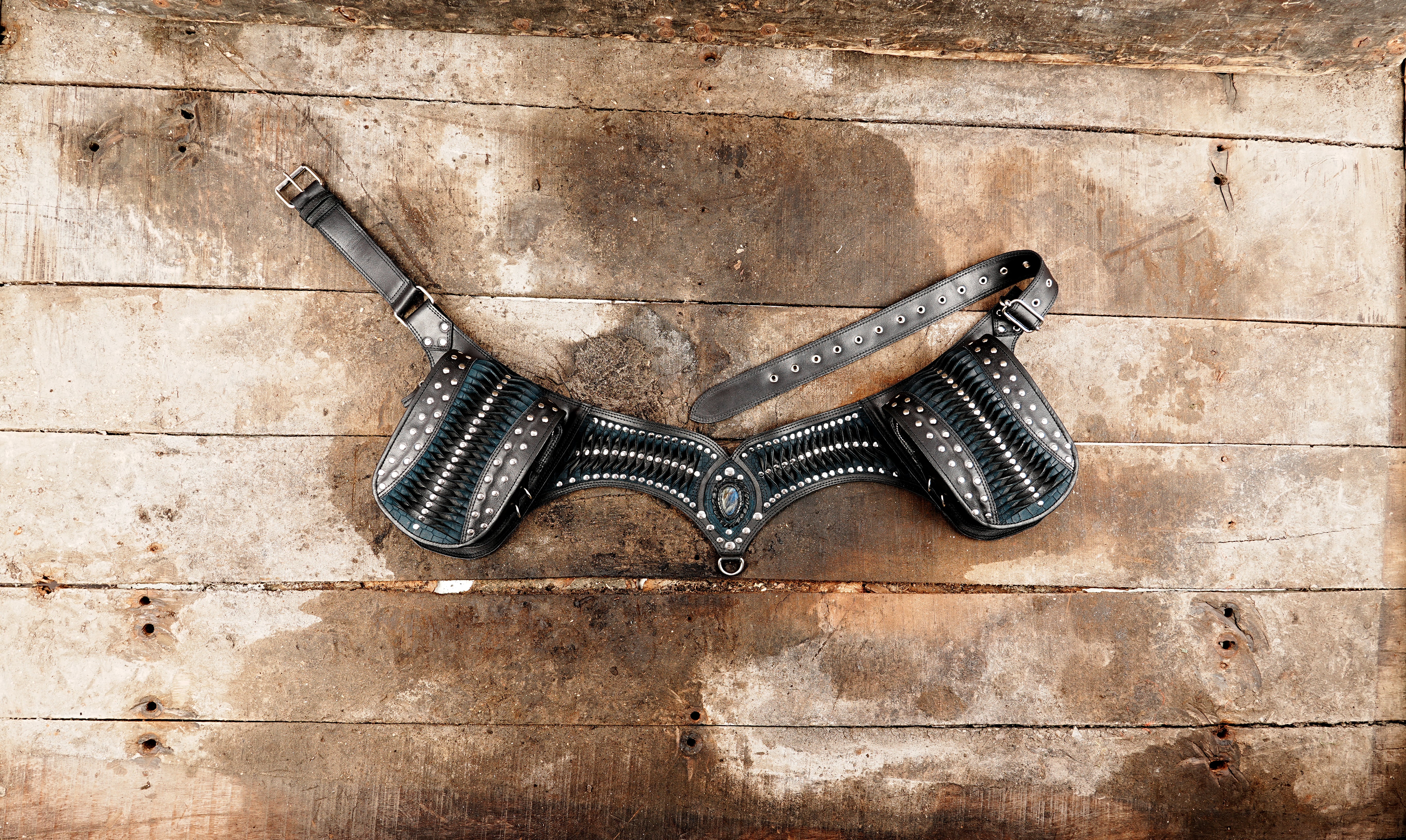 Western festival accessory – black studded leather double pouch belt bag