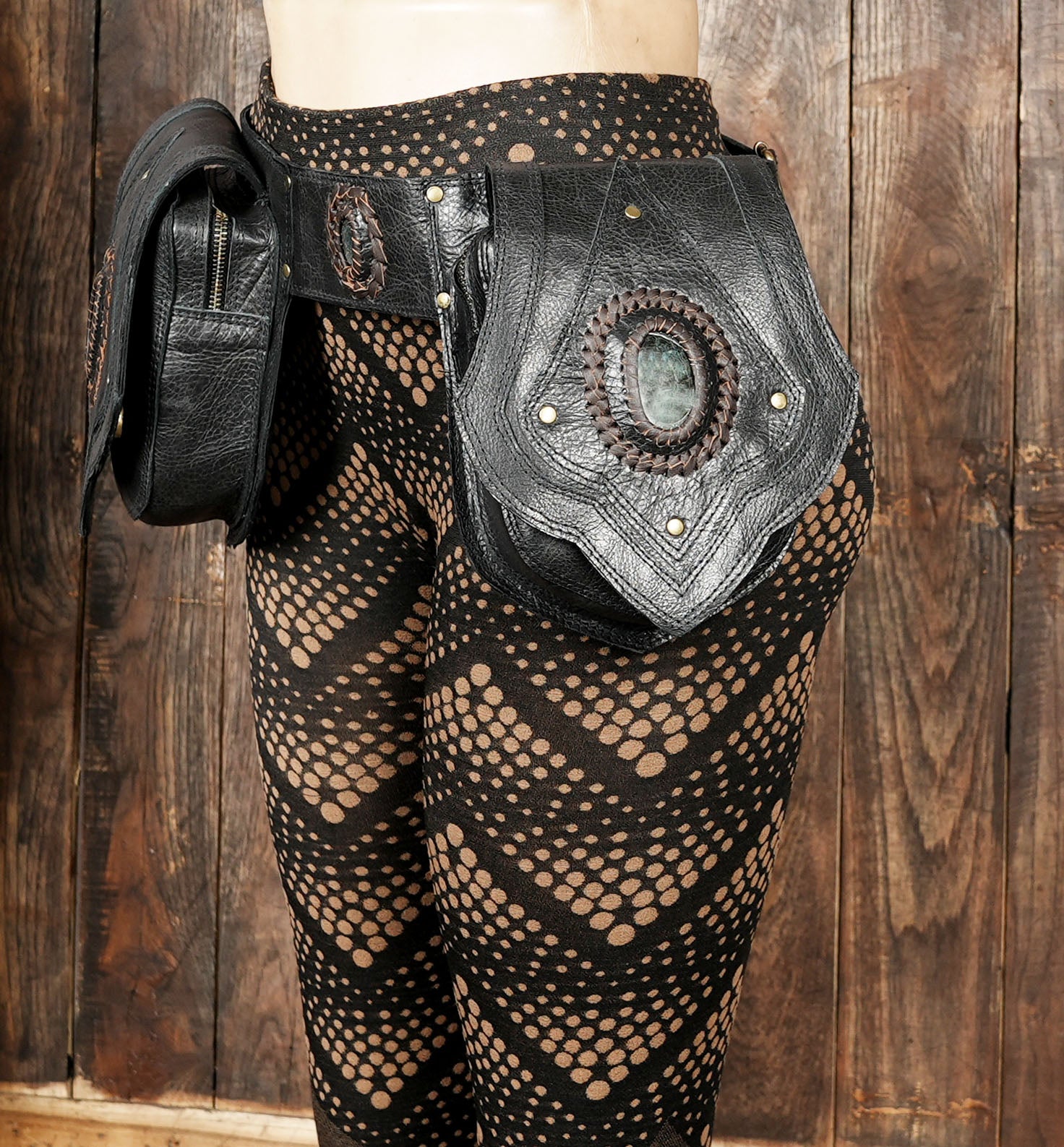 Brown Tribal Leather Waist Belt with labradorite gemstone – Gothic Boho Hip Bag with Stone Accents  (LT-AB-WB-6080)