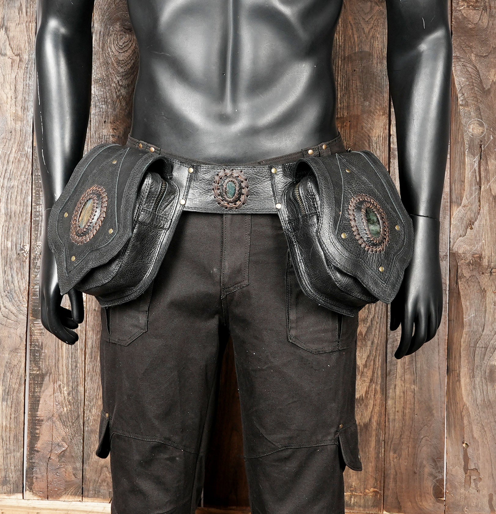 Brown Tribal Leather Waist Belt with labradorite gemstone – Gothic Boho Hip Bag with Stone Accents  (LT-AB-WB-6080)