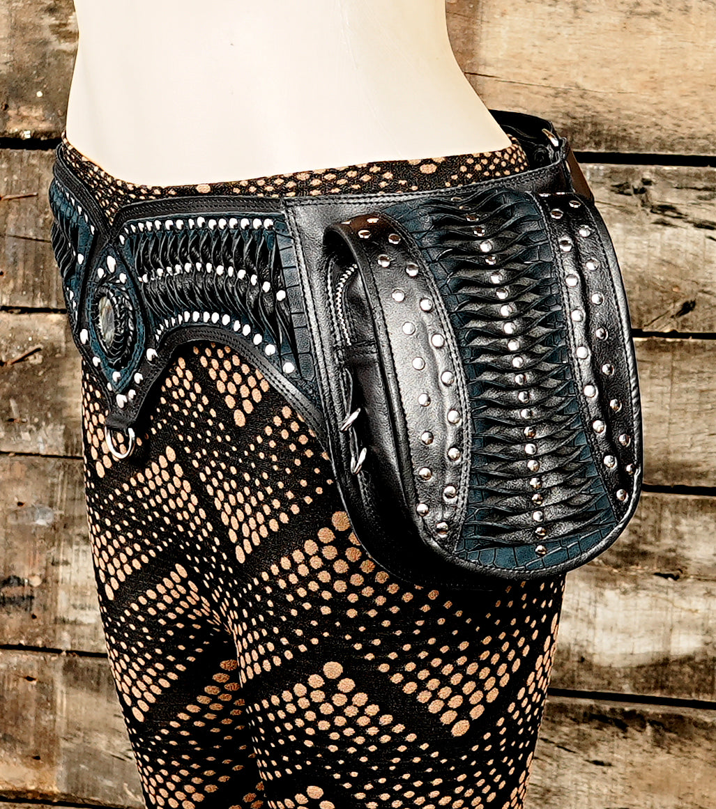 Black leather holster waistcoat, shoulder bag, holster, double utility bag, unisex, adjustable, festival holster bag with zipper 