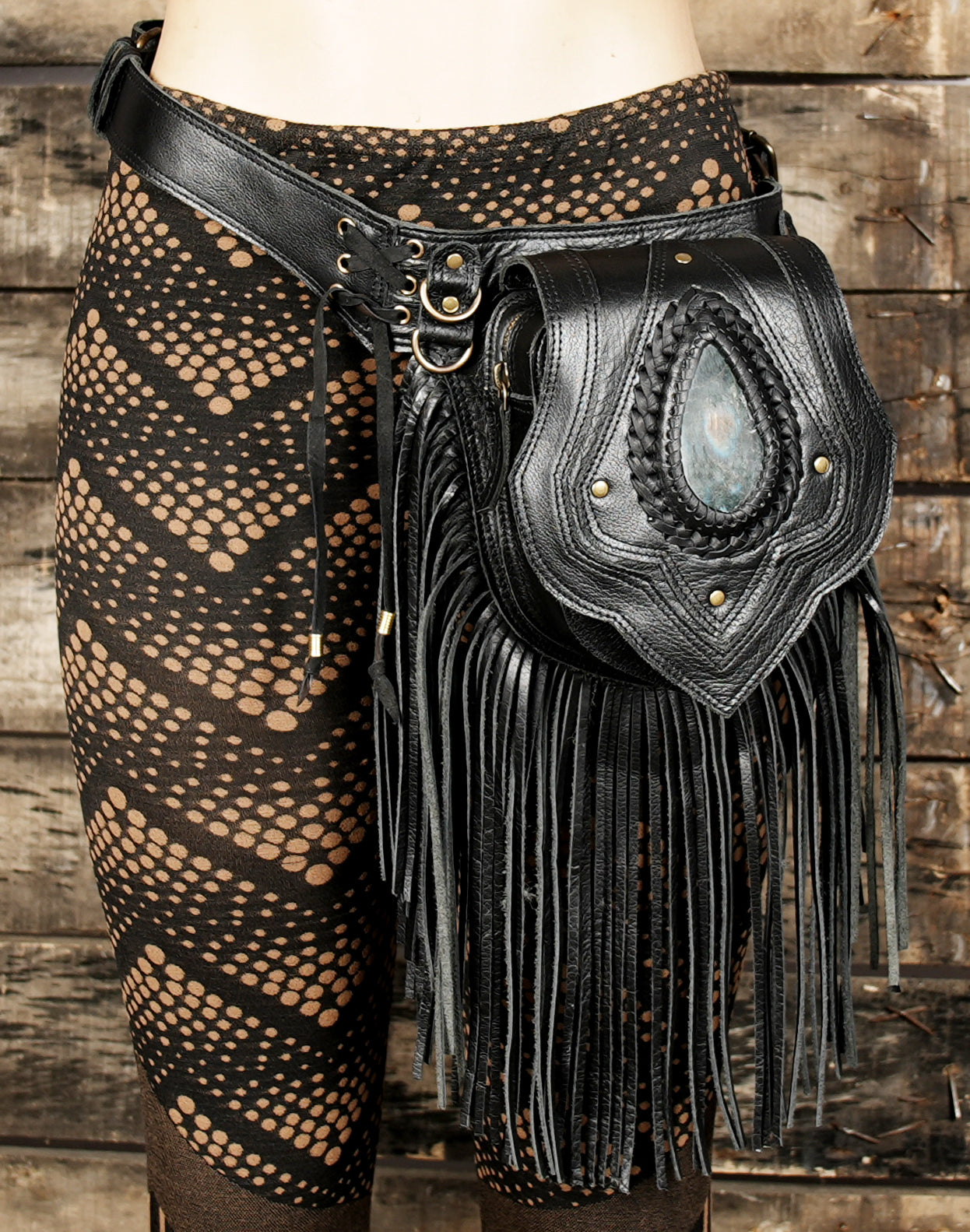 Artisan handmade black leather fringe pouch