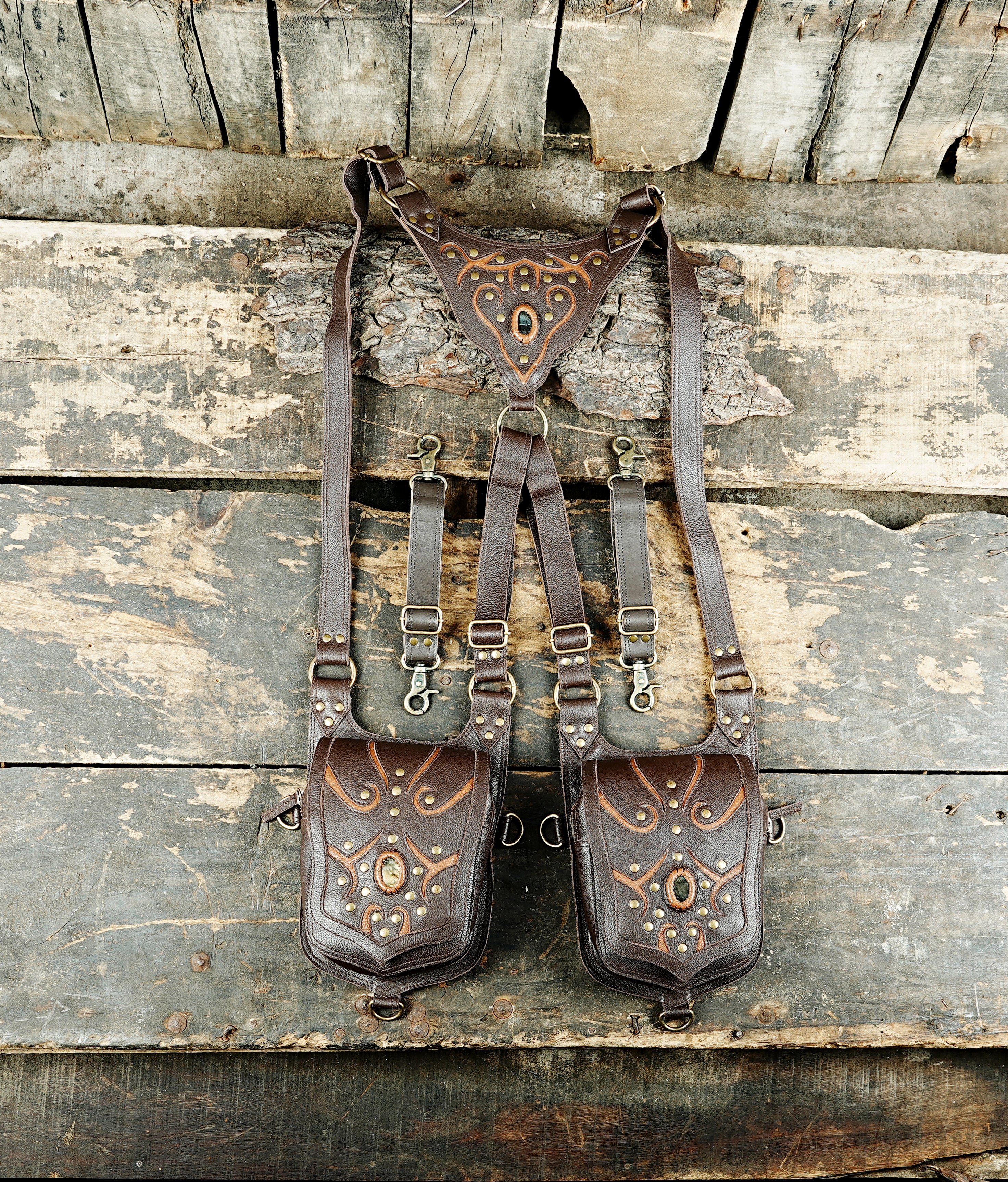 Handcrafted Leather Dual Holster Bag with Gemstone Detailing, Festival Style with unique style 