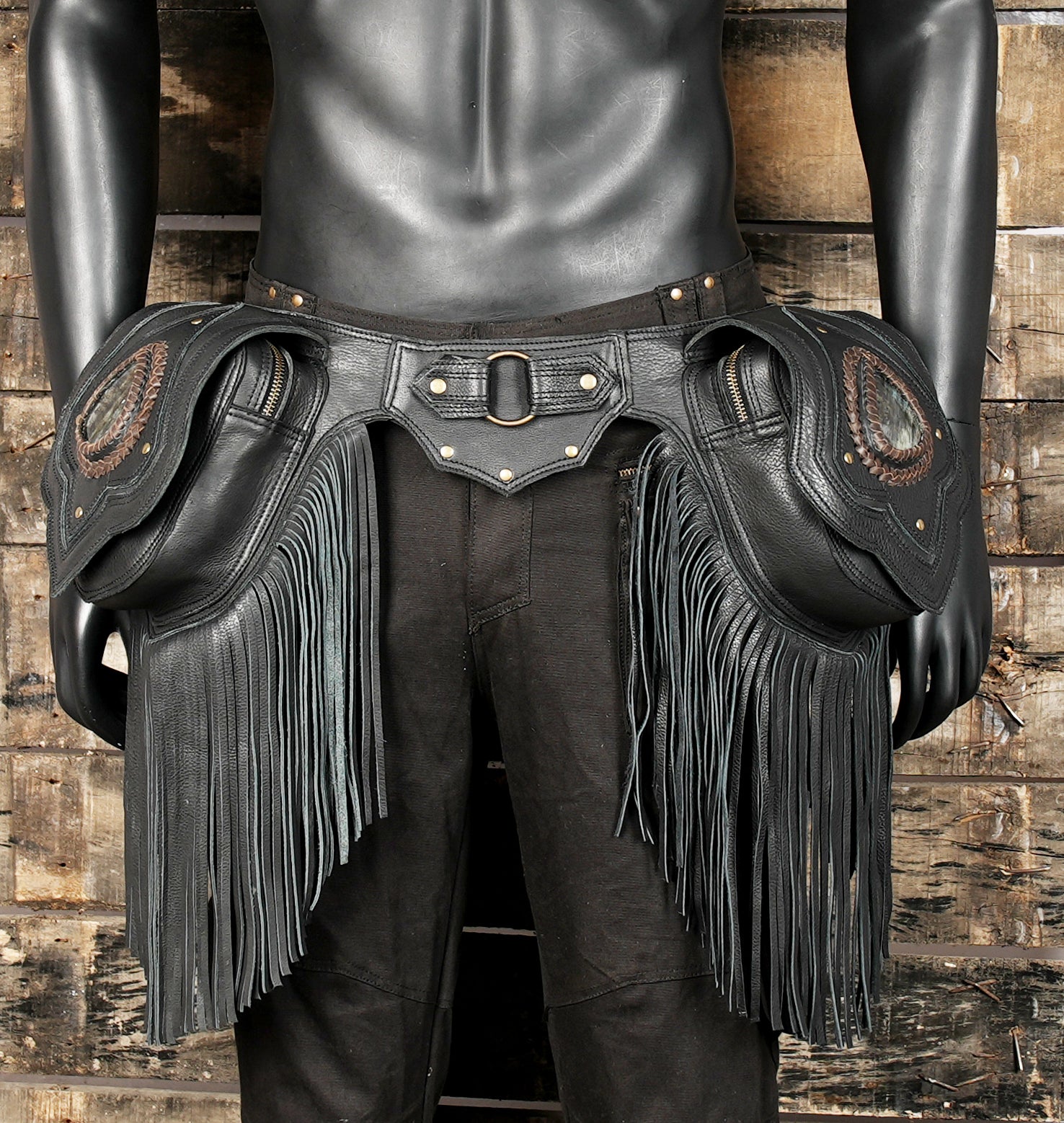 Black leather waist pouch belt with tribal-inspired fringe
