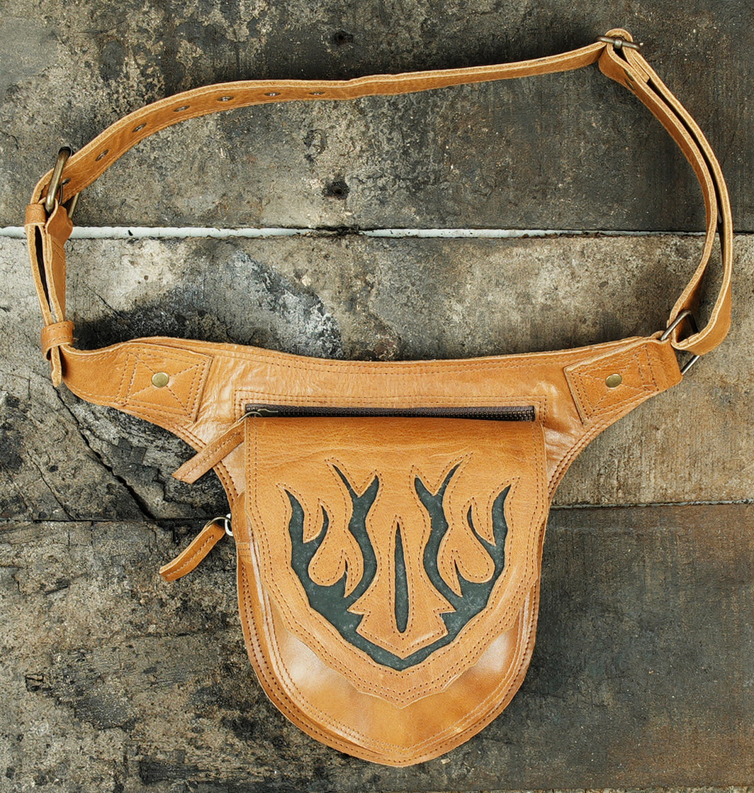 Handmade Leather Belt Pouch with  Gemstone and front zipper 