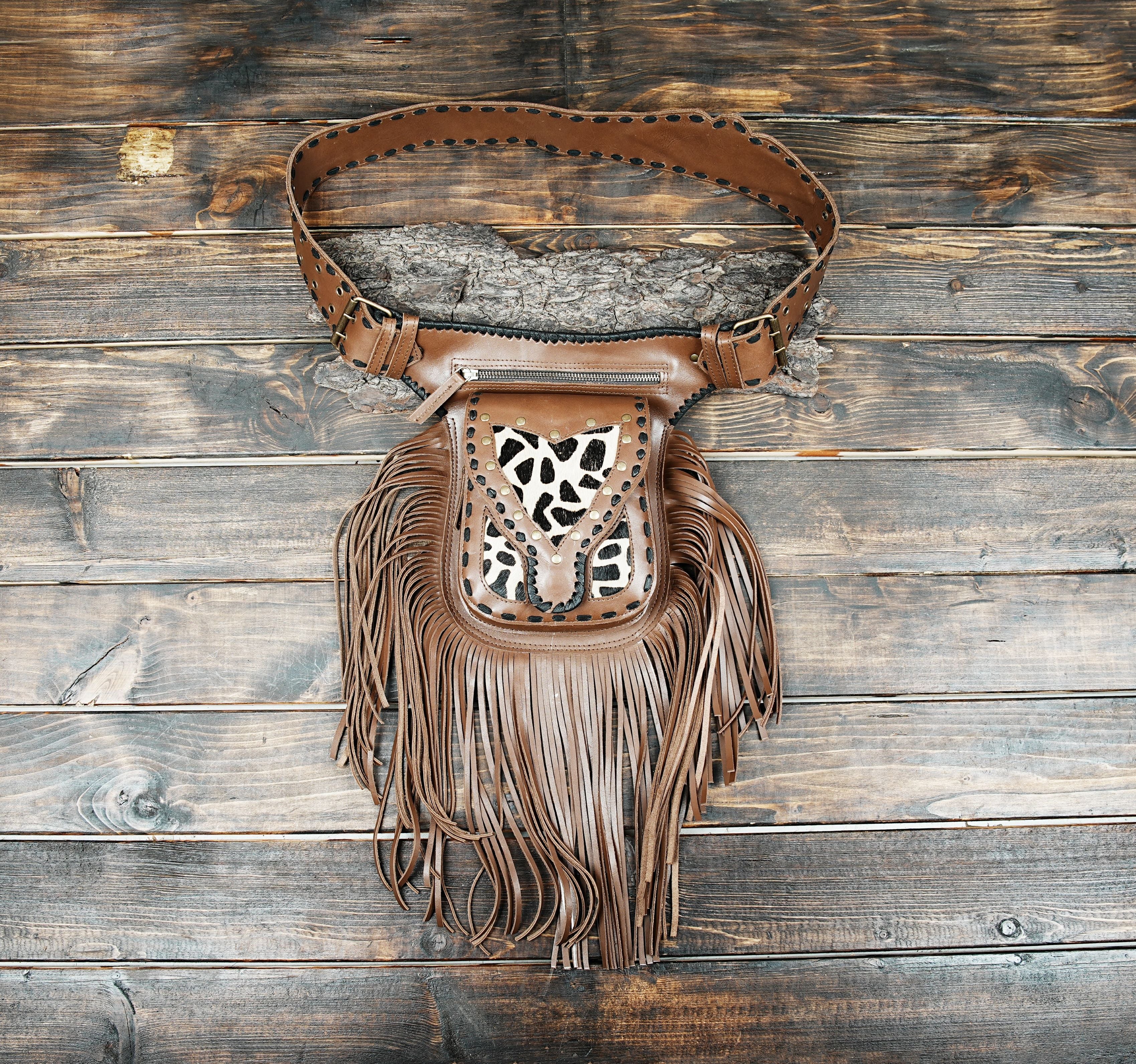 brown leather fringe holster belt bag with animal print accent flap