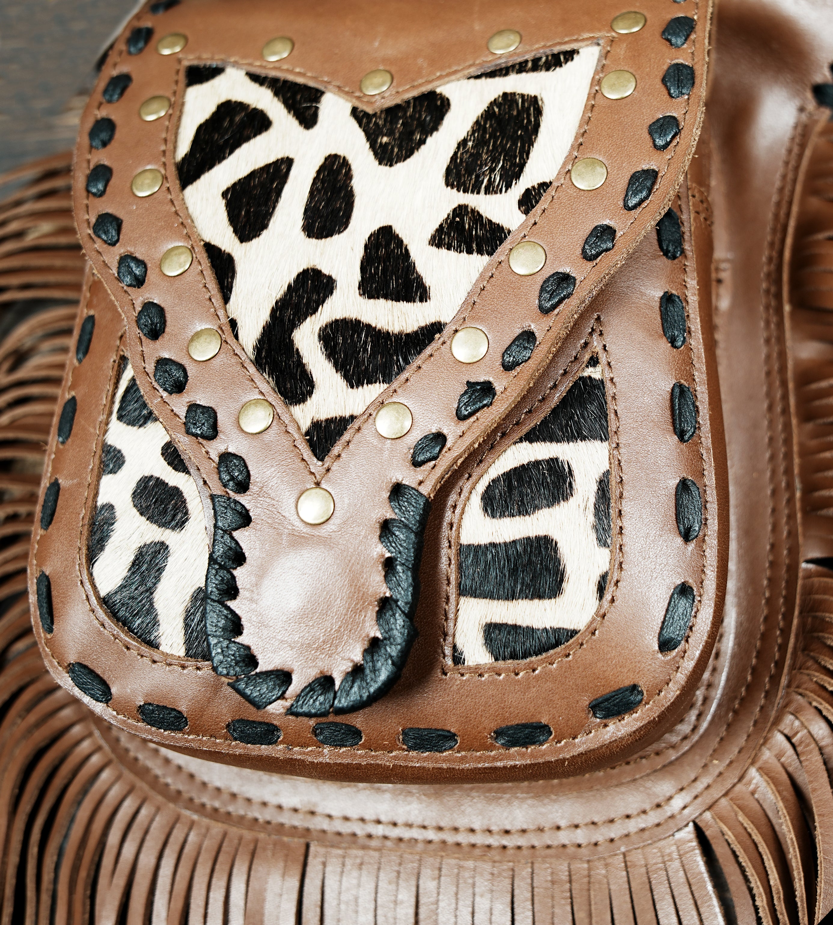 brown leather fringed studded fanny pack for men and women 