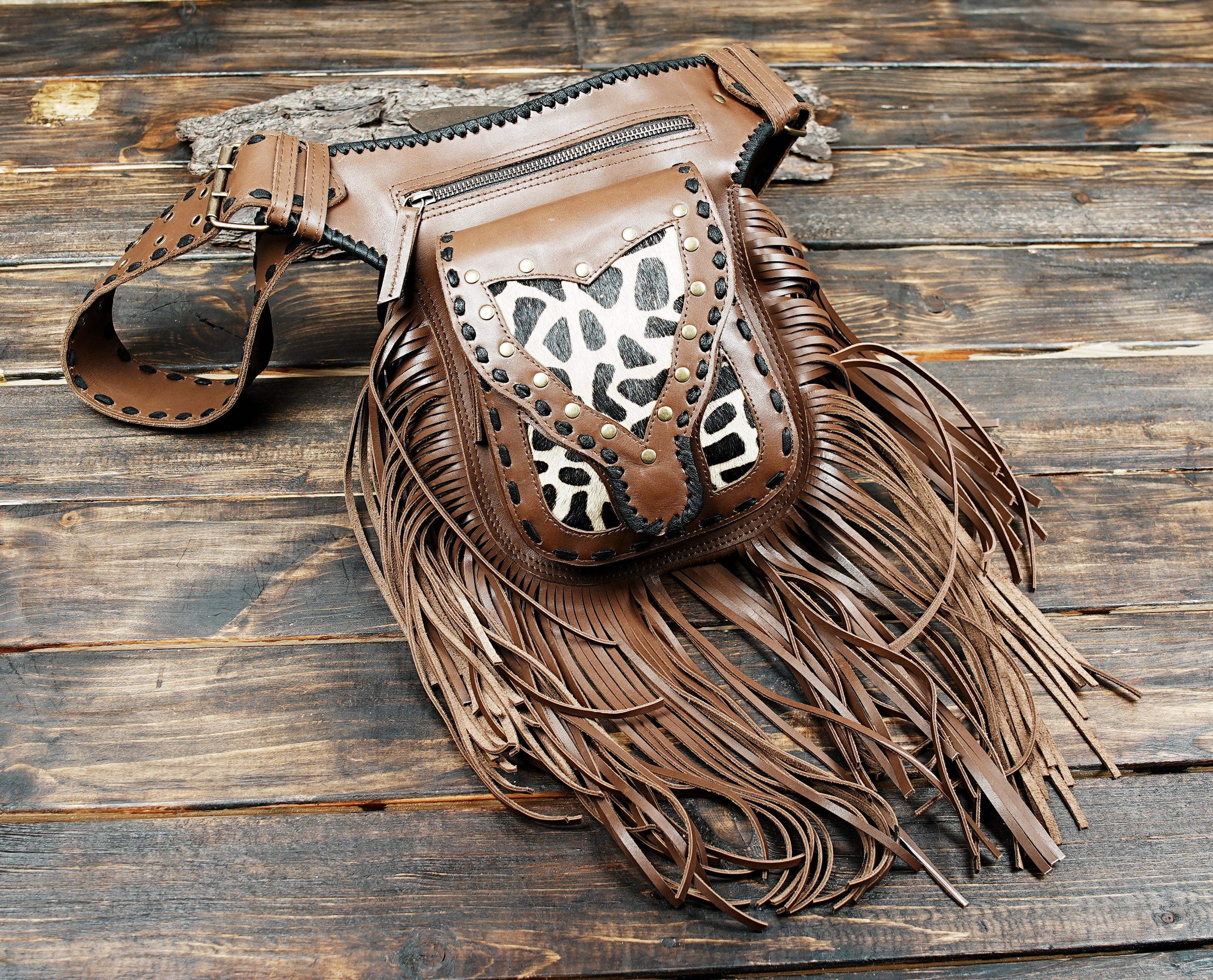 Leather Fringed Side Pocket Belt | Burning Man Festival Belt | Bum bag| Boho Travel Belt | Fanny Pack 100% leather 