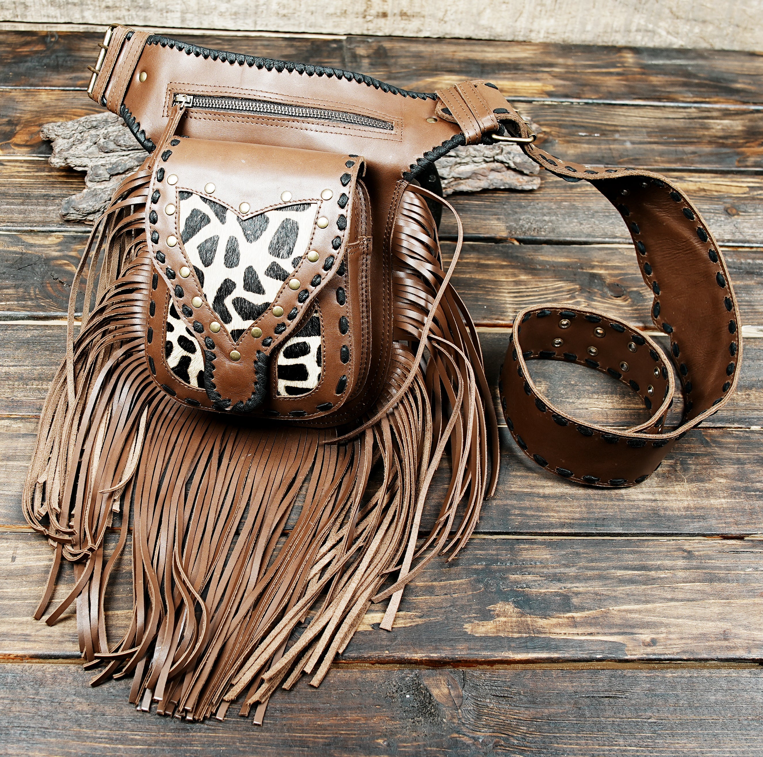  brown Leather Fringe Waist Bag: Boho Hip Belt with Pockets fit and adjustable 