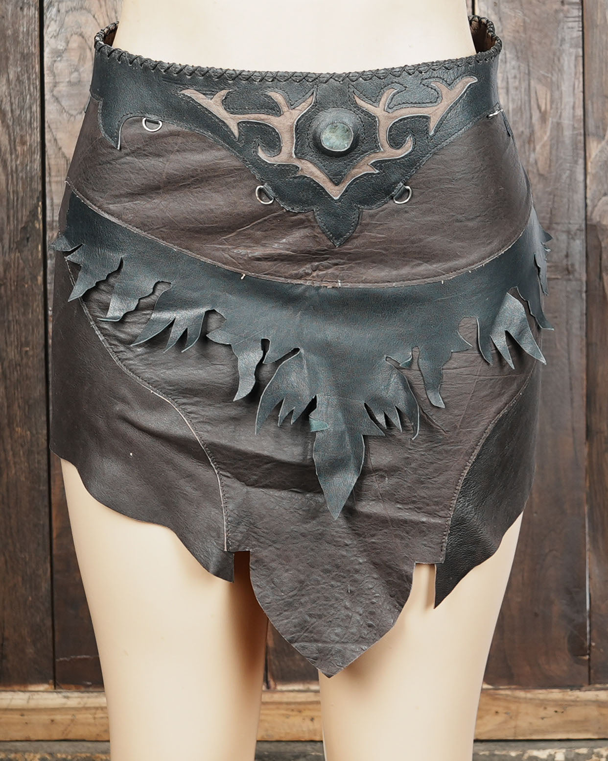 Tribal fusion leather skirt belt with raw edge and stitching detail