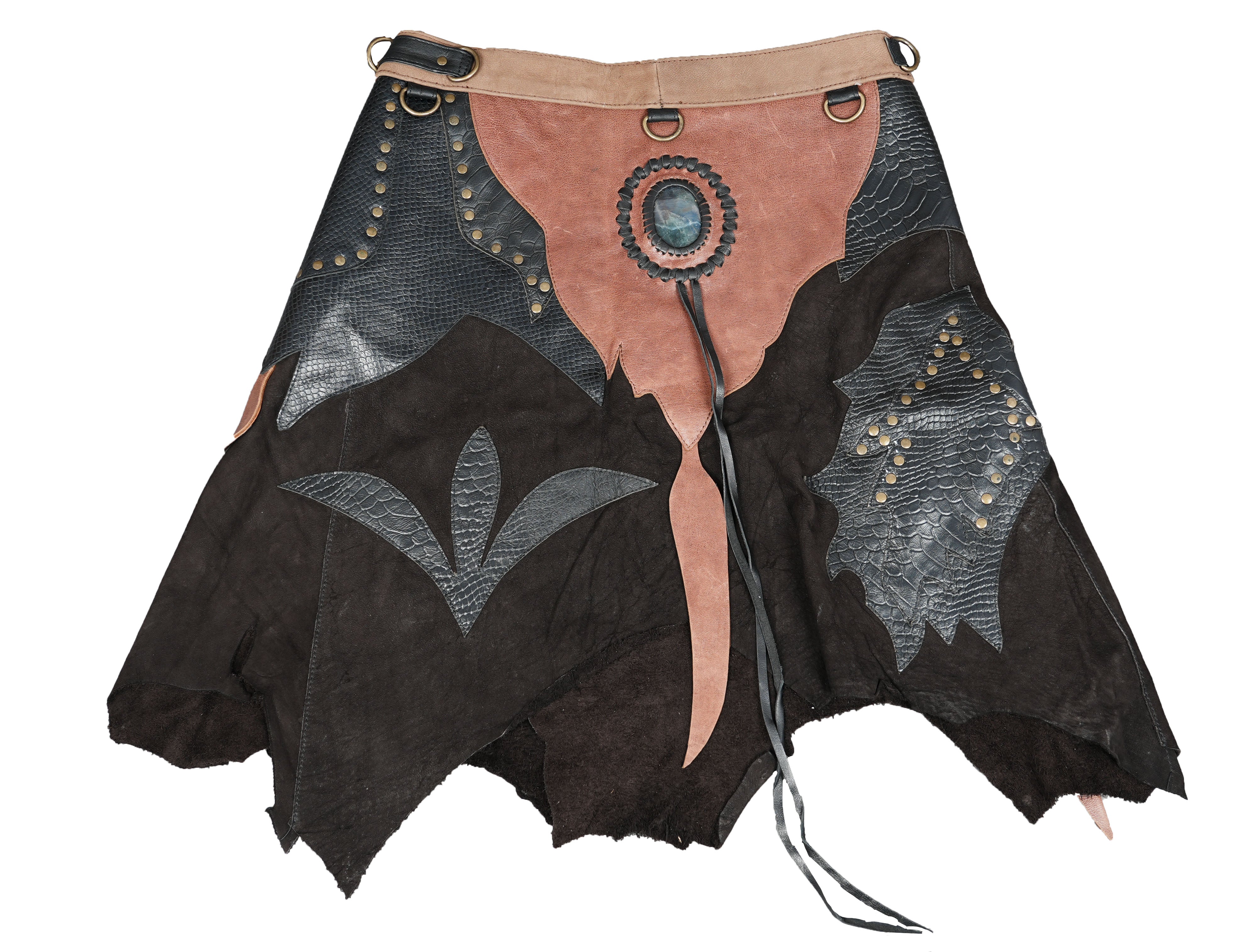 Artisan leather skirt belt with gemstone centerpiece and lace tie