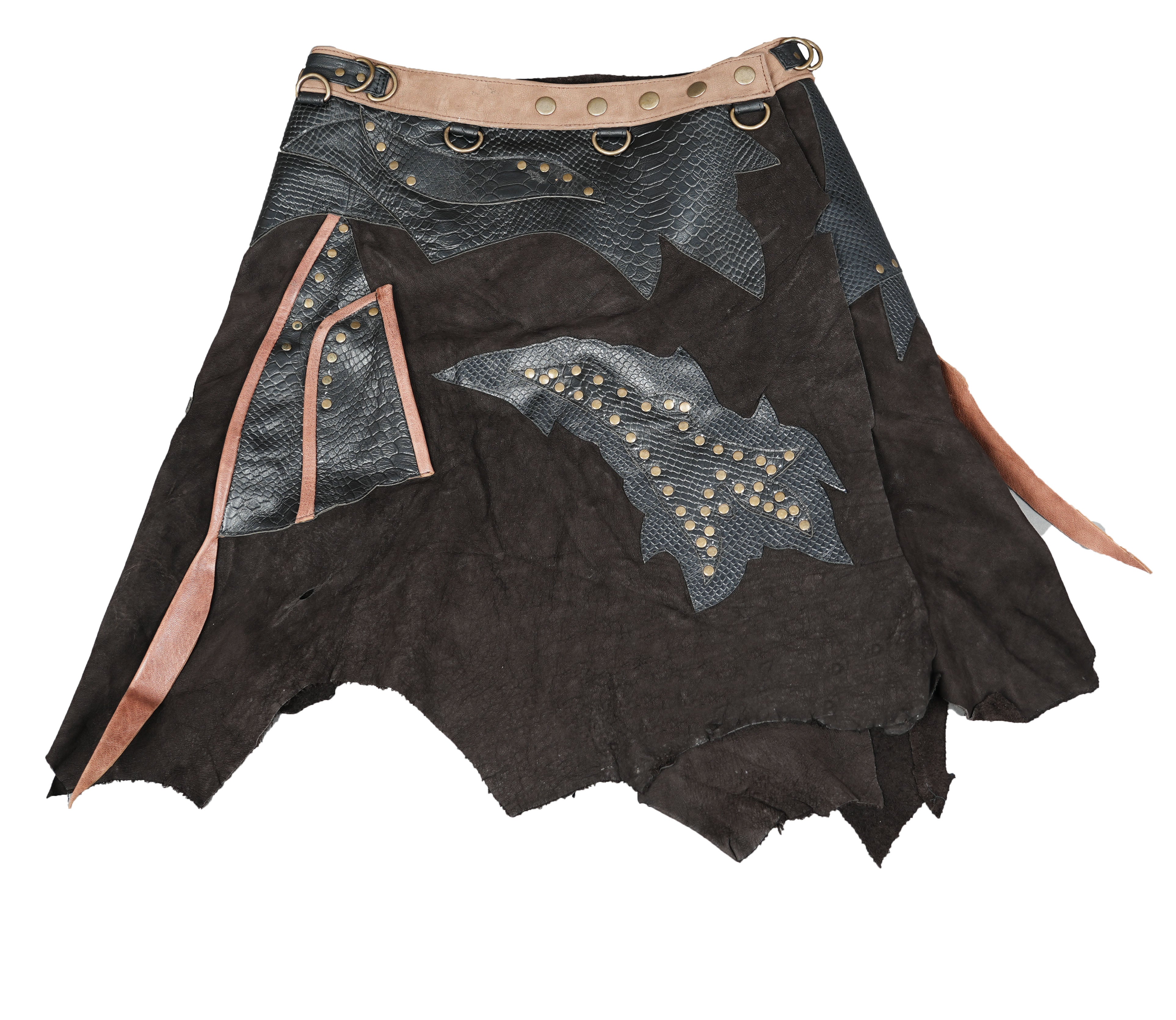 Tribal patchwork leather skirt with gemstone and brass hardware