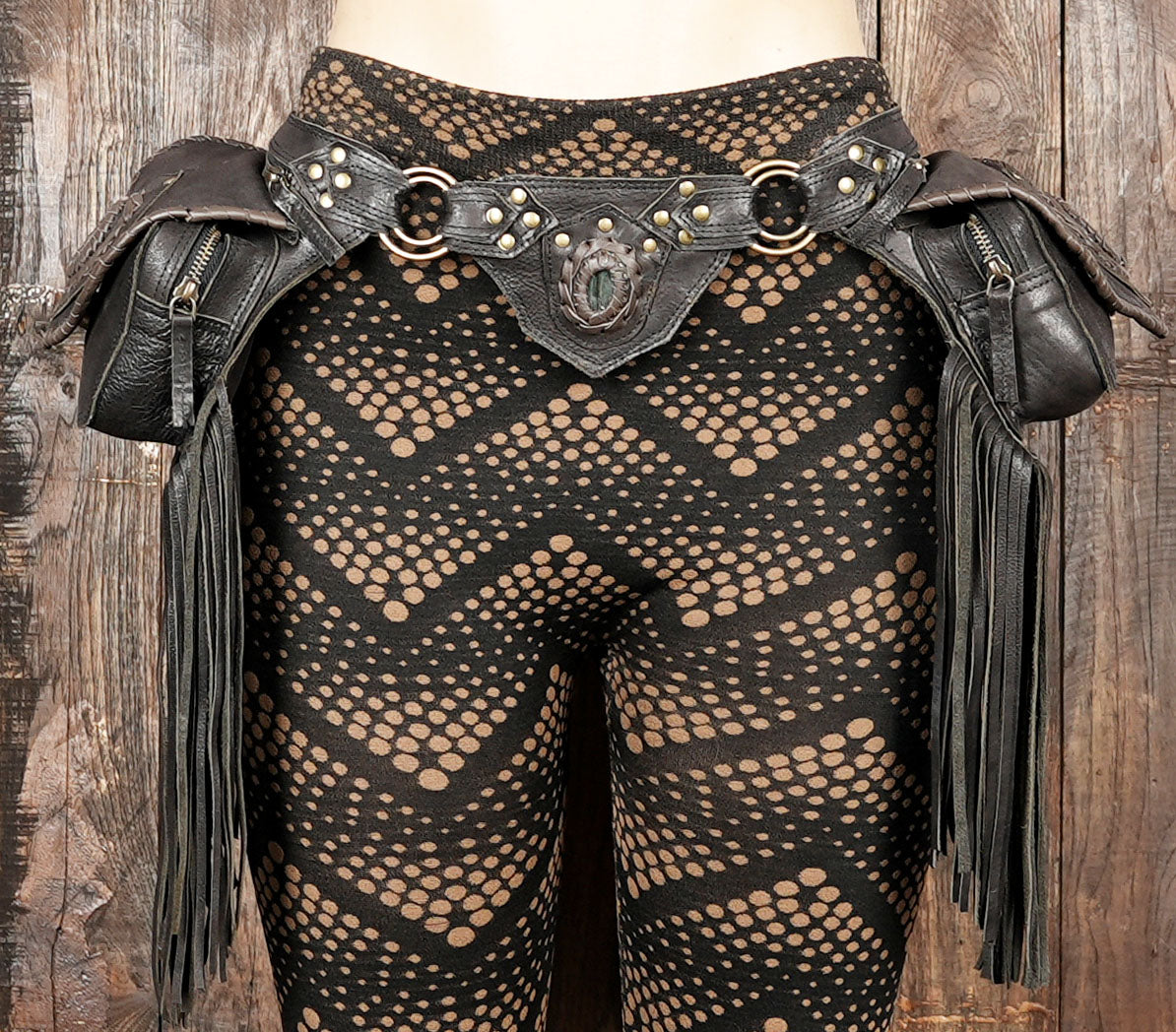 Labradorite crystal detail on bohemian leather belt