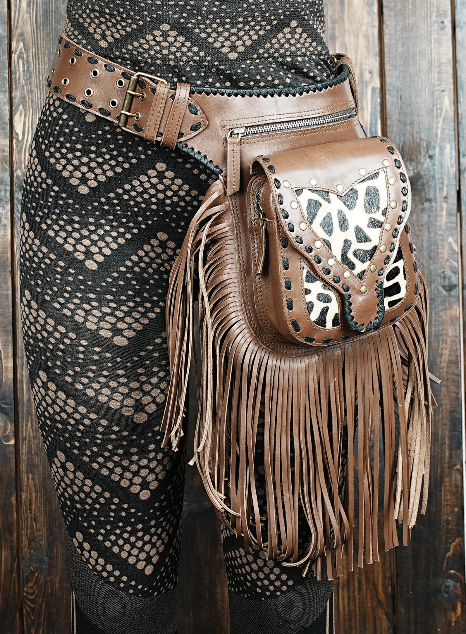 Handmade Black Leather Fringe Waist Bag: Festival Hip Belt with antibursh pins 