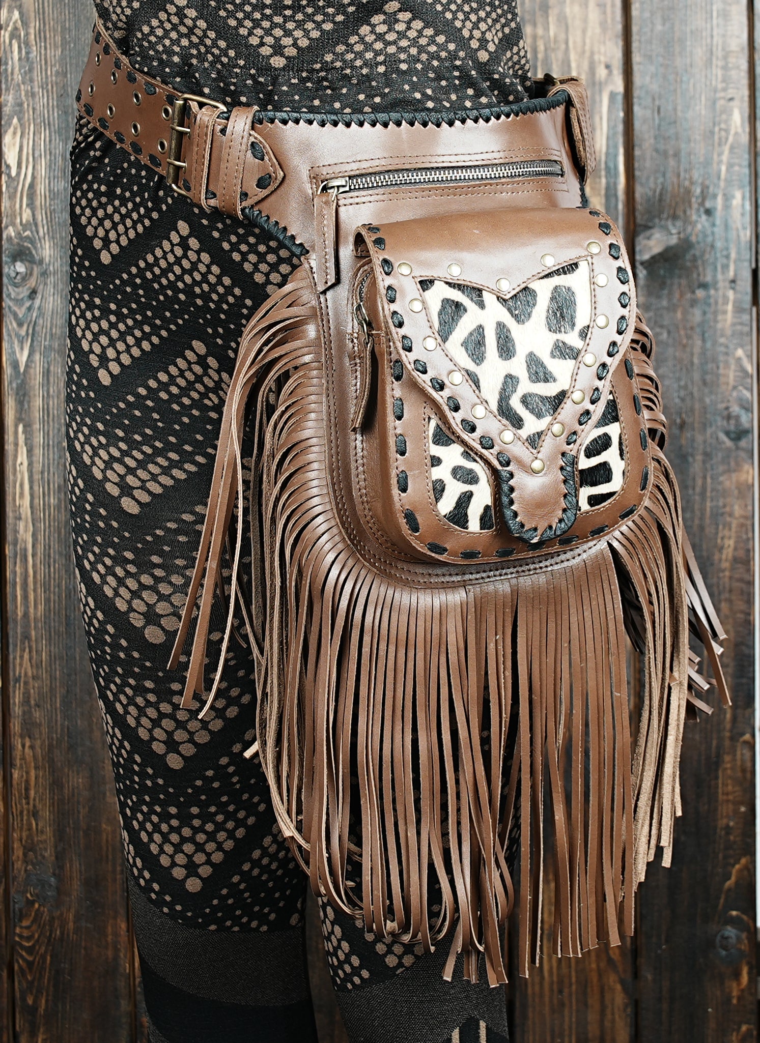 Handmade Black Leather Fringe Belt Bag: Festival Hip Pouch
