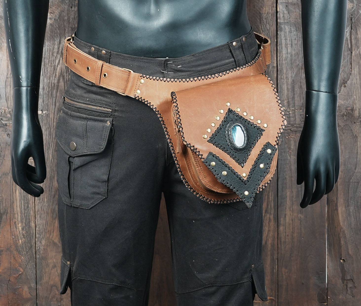 Adjustable handmade belt with gemstone and rivet detailing