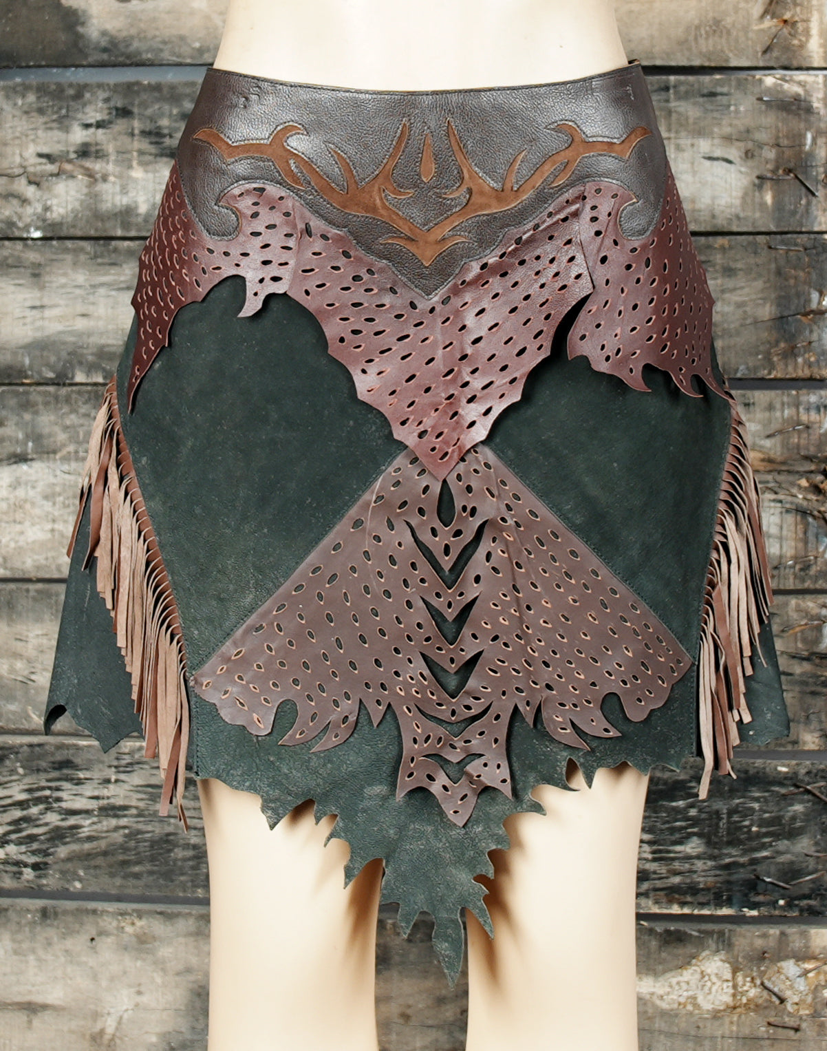 Country cowgirl fringe skirt with brown and black layered leather