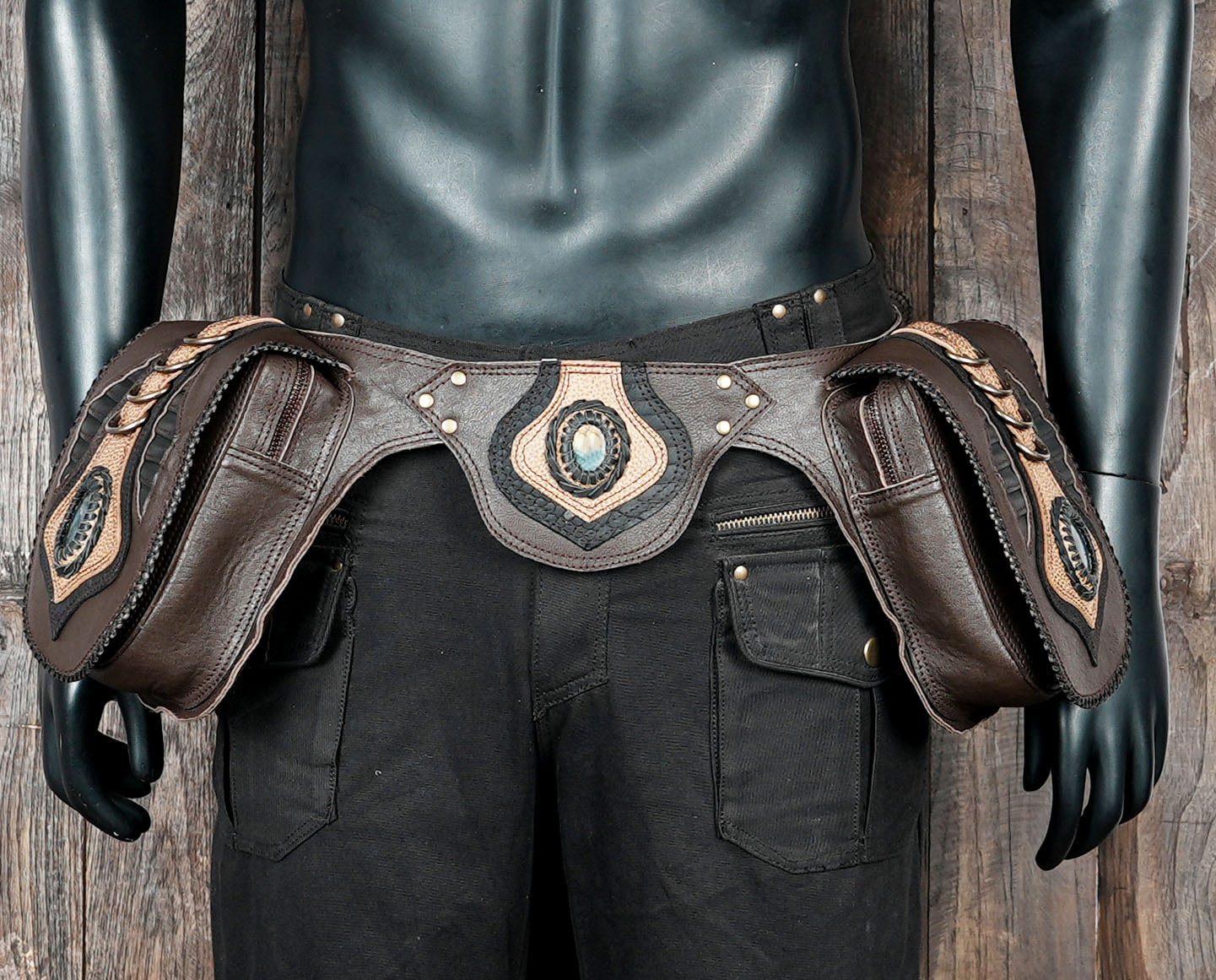 Leather waist pouch with turquoise stone and adjustable strap