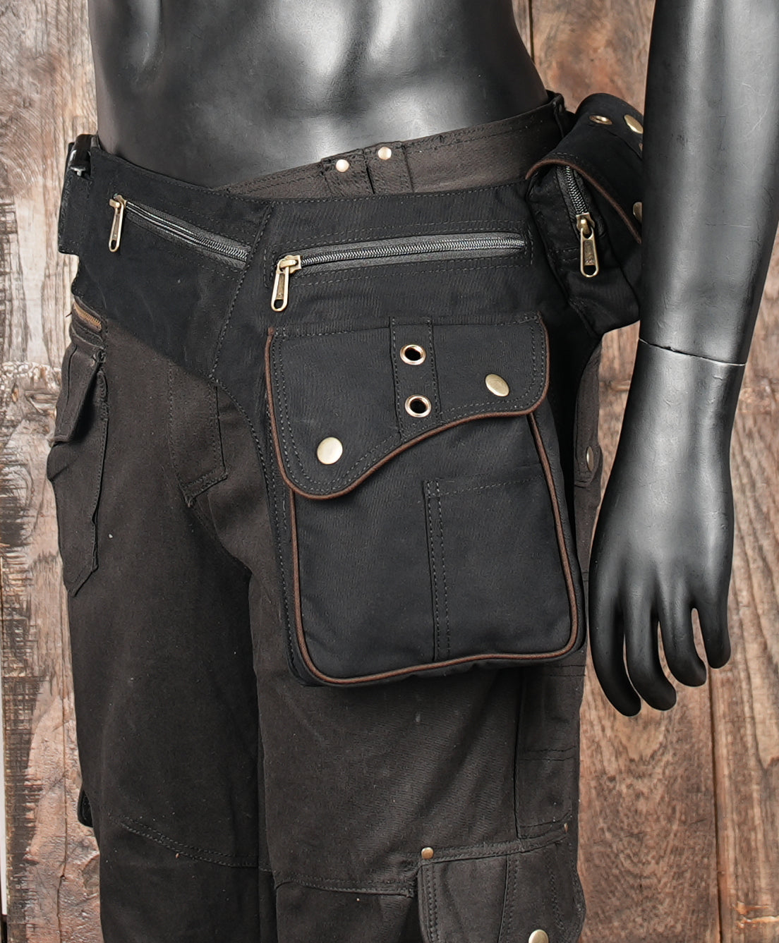 Black and brown waist pouch with handmade craftsmanship