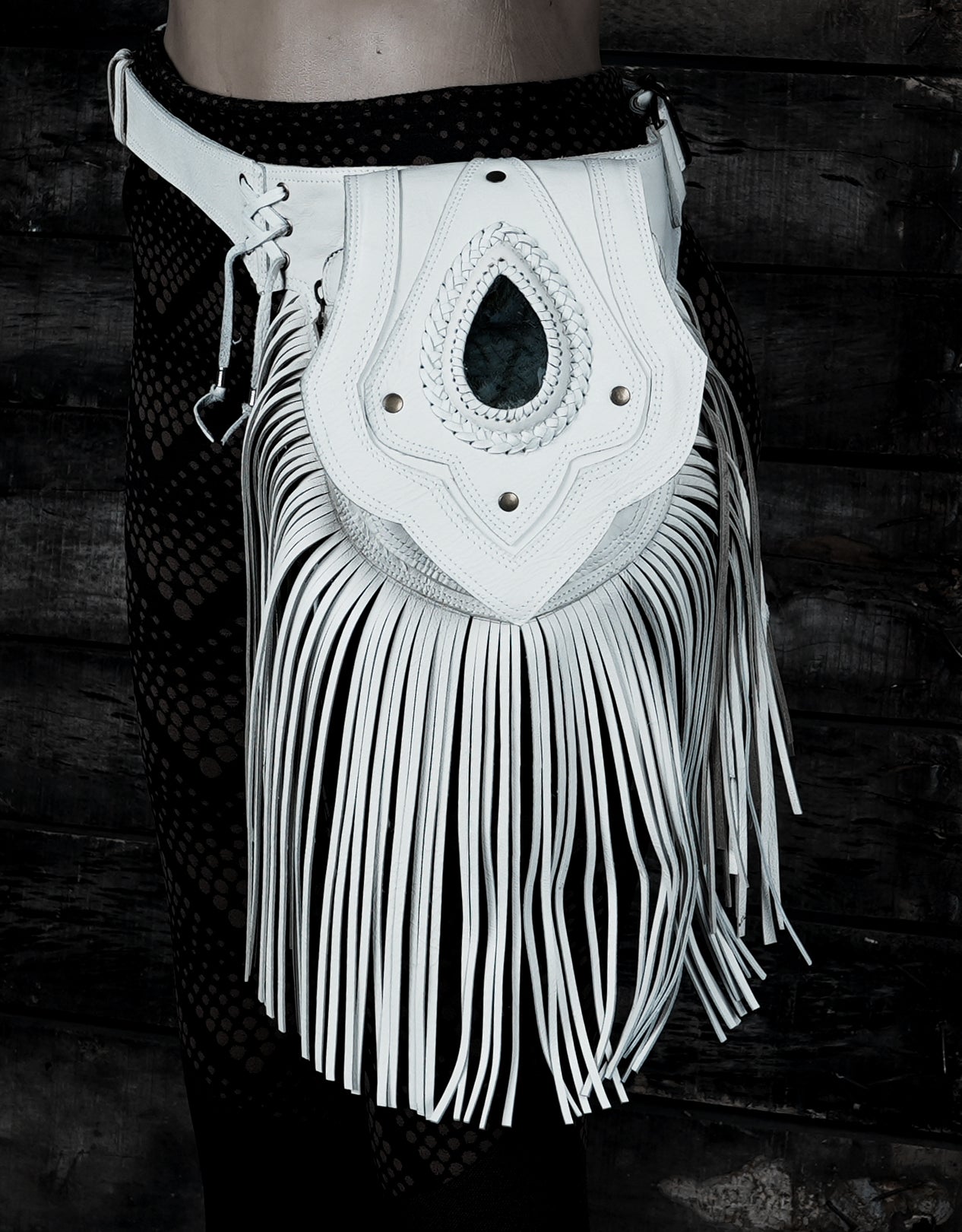 Handmade gemstone belt pouch with white leather fringe