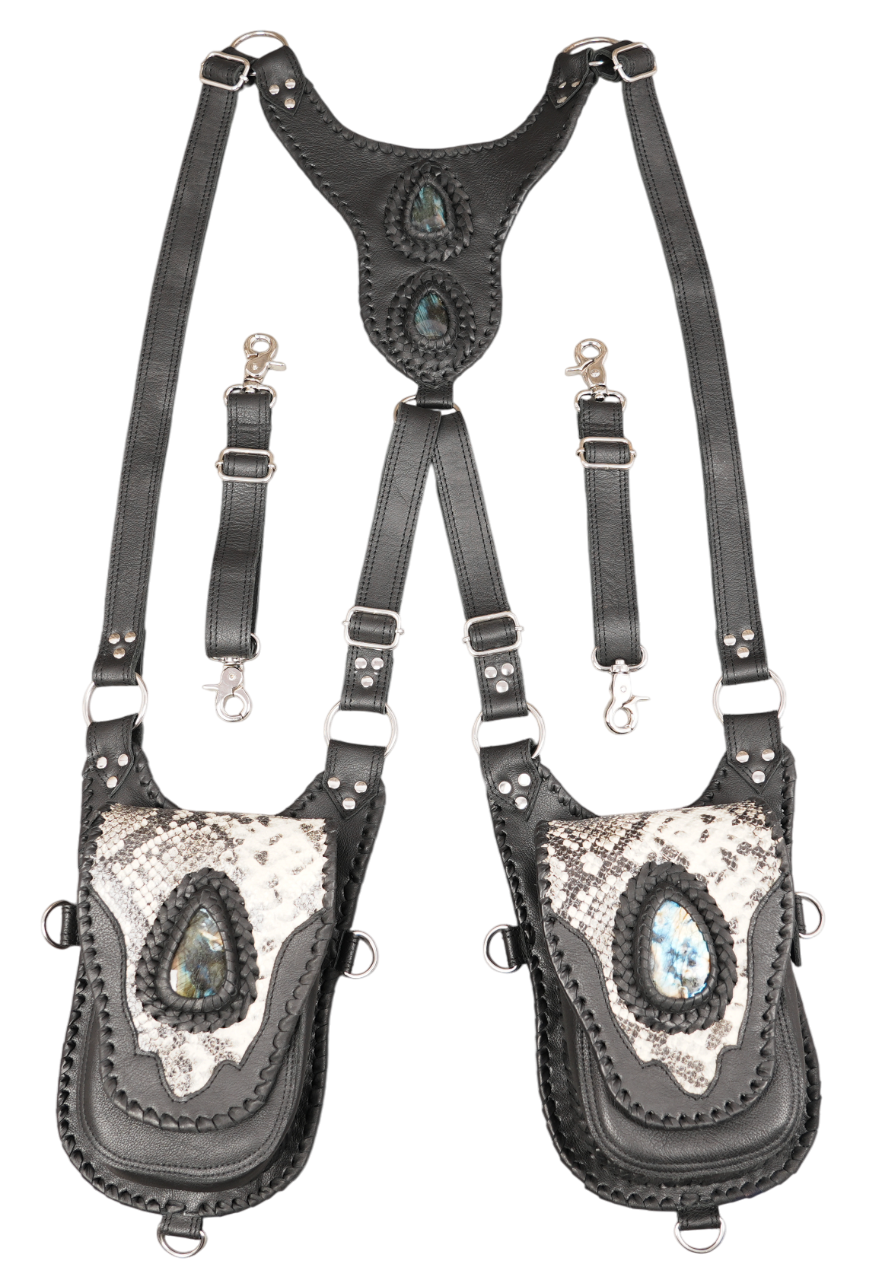 Fantasy style black leather harness holster with gemstone accents