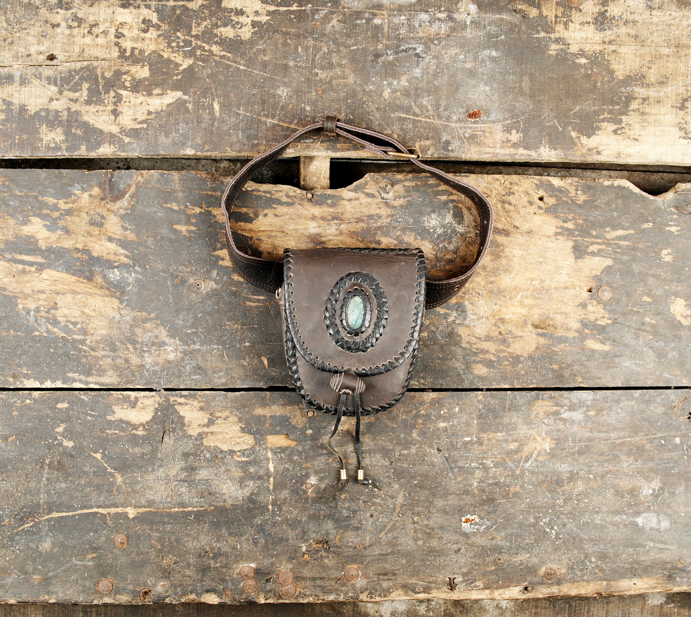 Buy Handmade Black Leather Fringe Waist Bag: Labradorite gemstone
