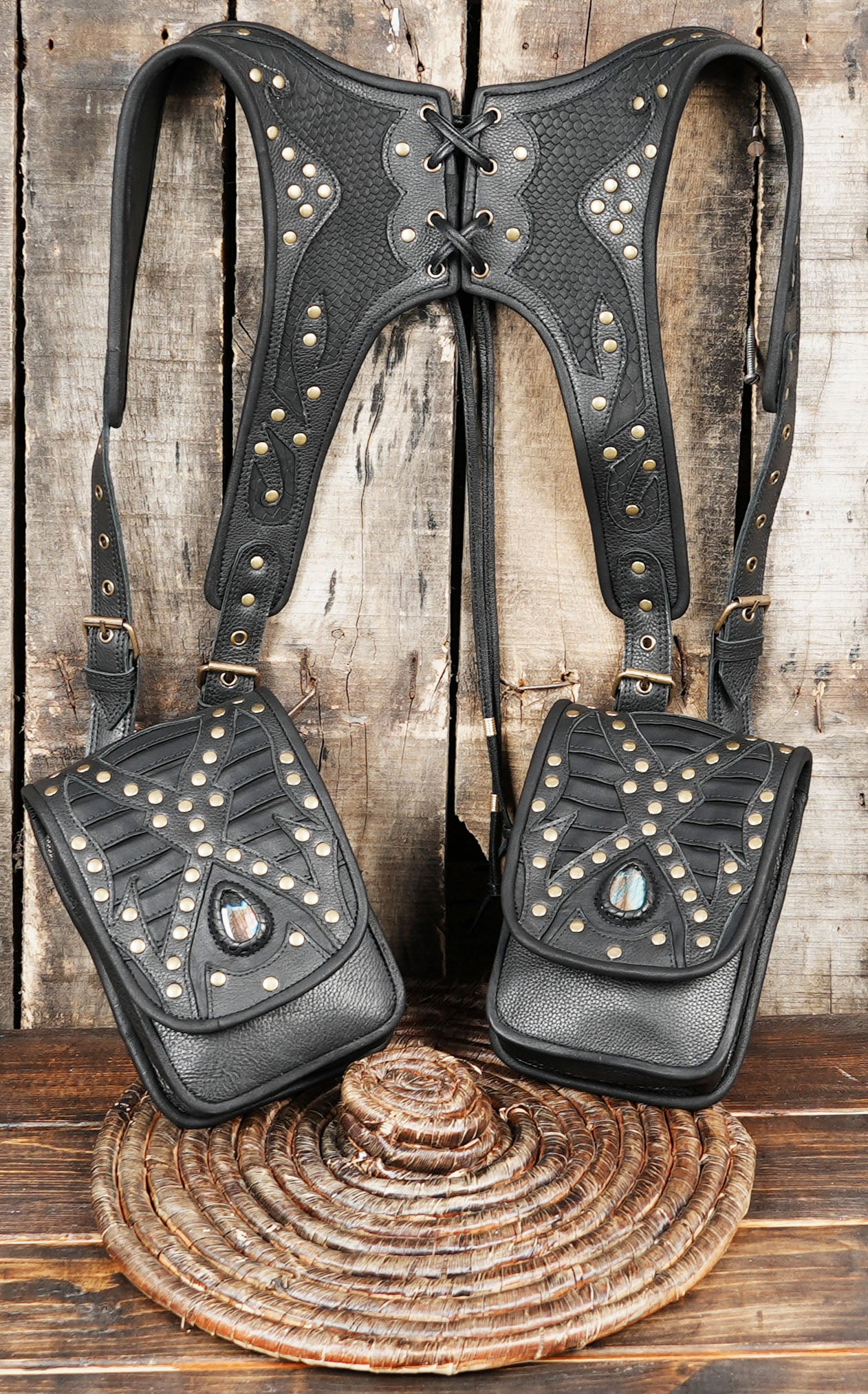 Dual pocket handmade leather utility harness for festivals