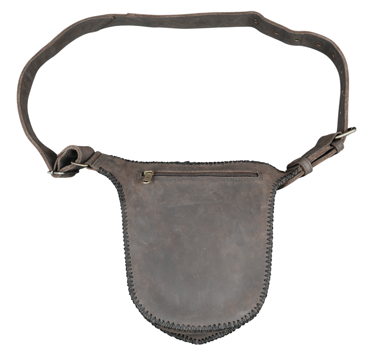 Brown fantasy leather waist bag with decorative straps and rings