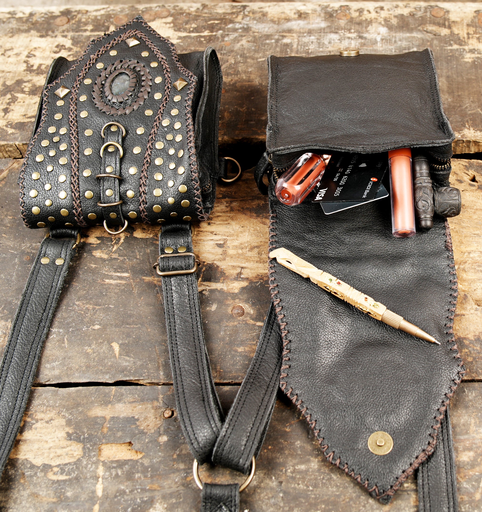 “Black leather dual-pouch holster for festivals, cosplay, or everyday carry”