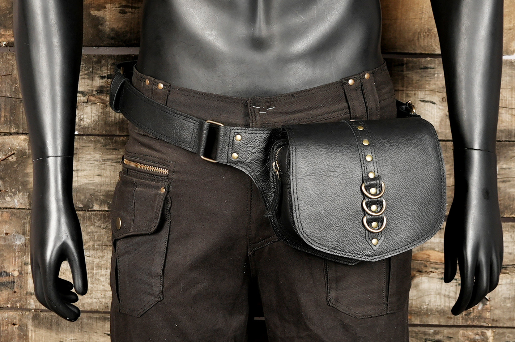 Unisex black leather fanny pack alternative with gothic and steampunk design