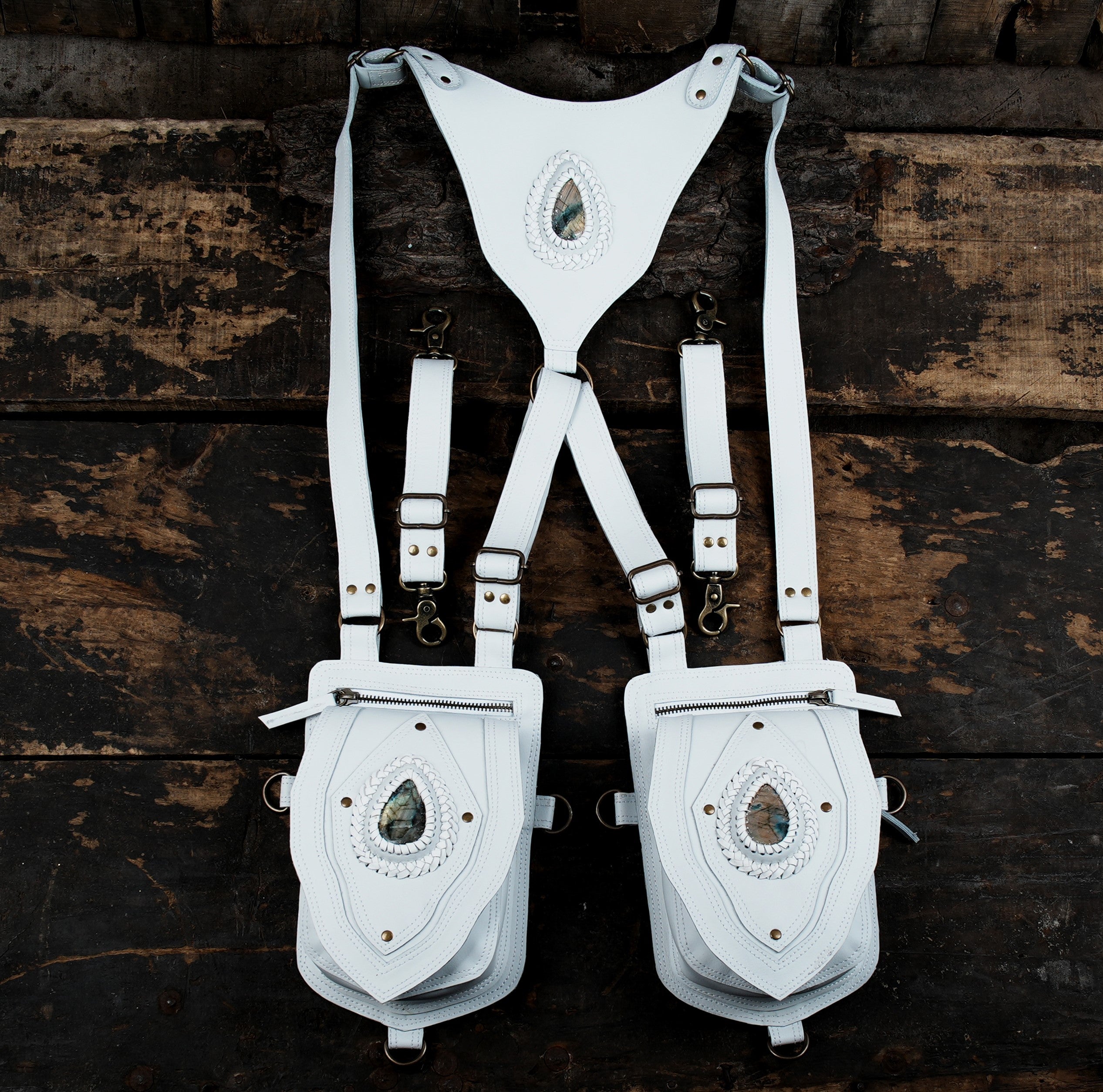 Handmade white leather holster bag with dual pouches