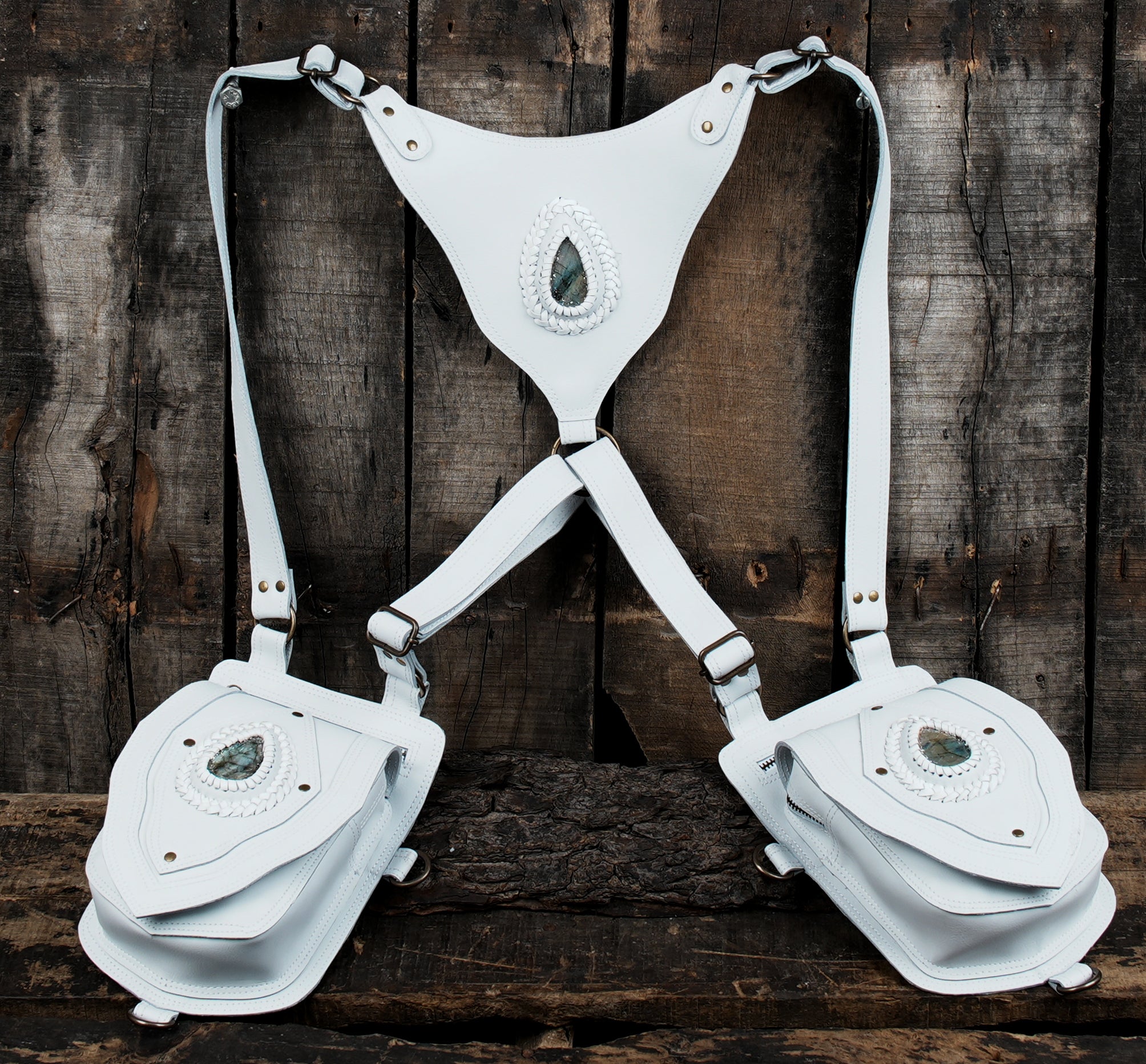 Unique white leather festival holster with adjustable straps