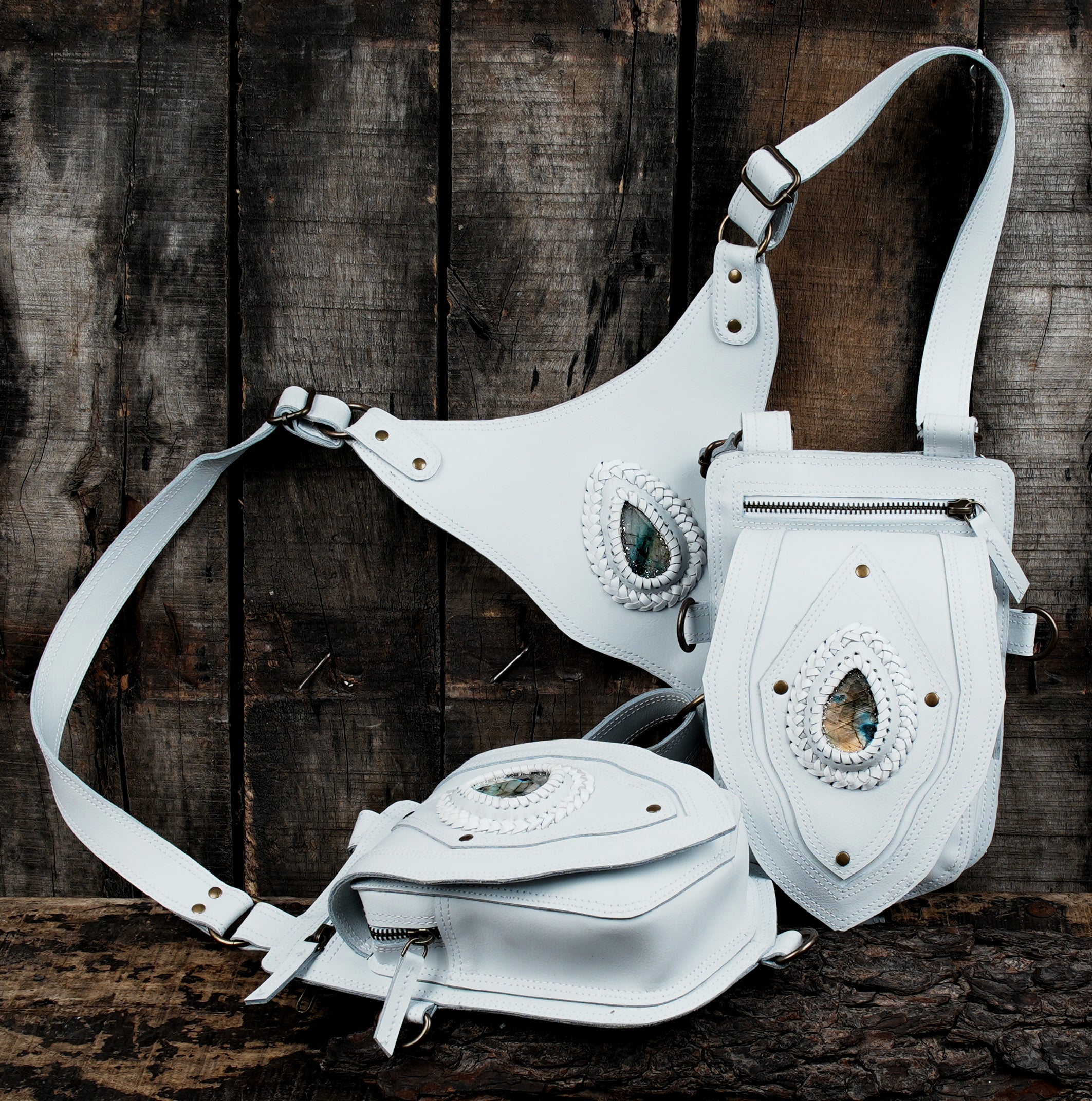 Handmade gothic white leather holster bag with gemstone