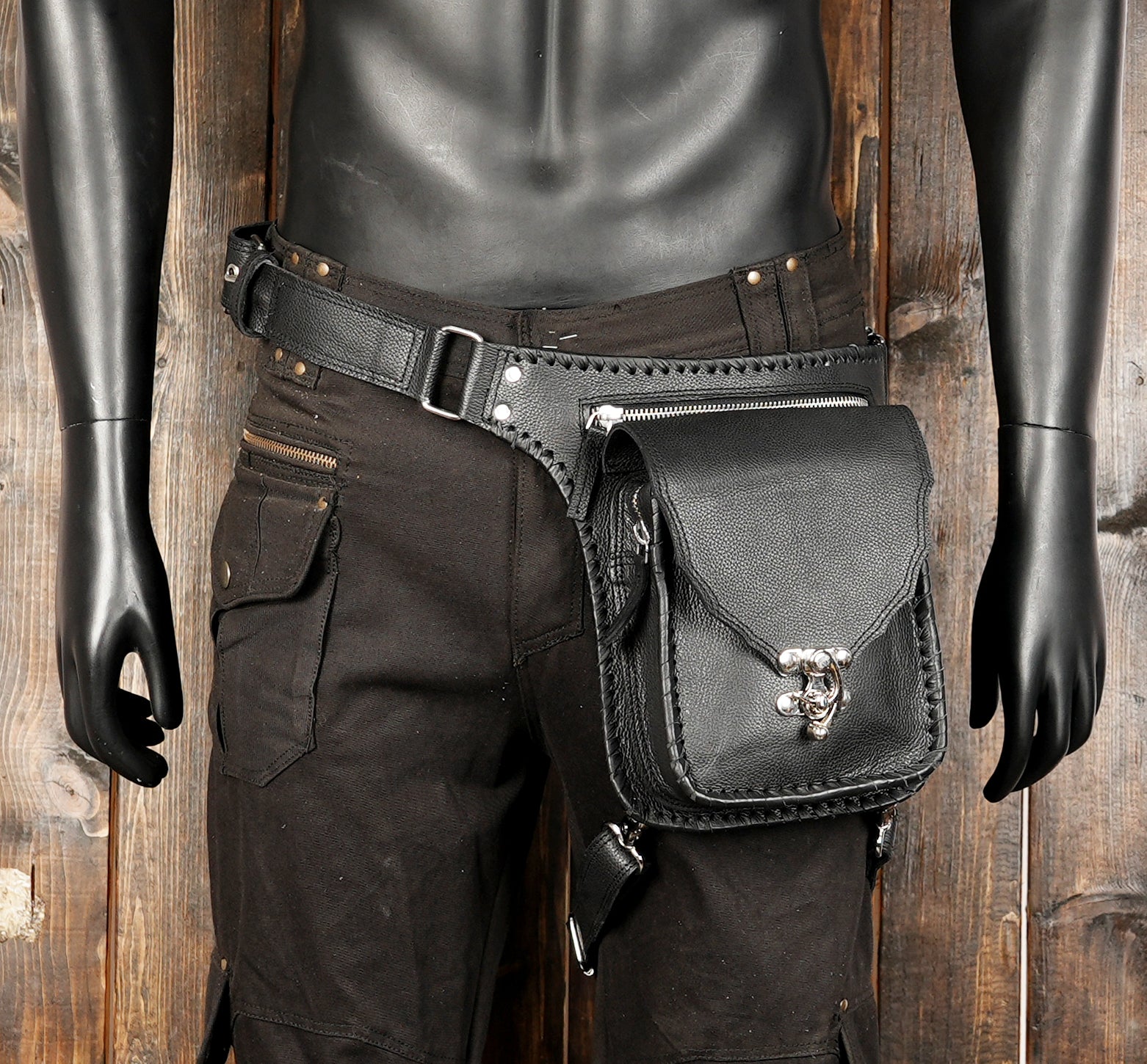 Steampunk-inspired leather utility belt bag with clasp