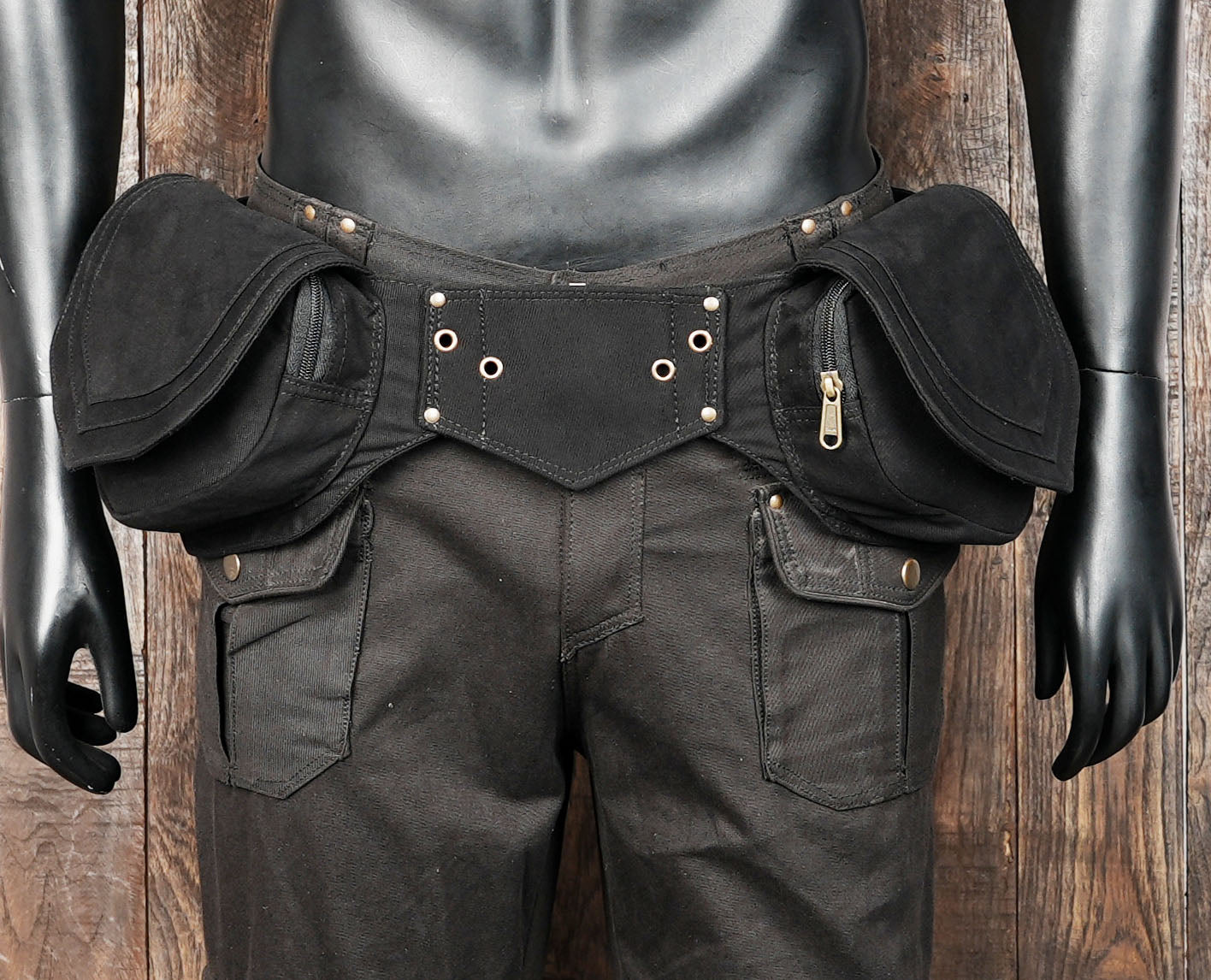 Festival-style double pocket waist bag on wooden table