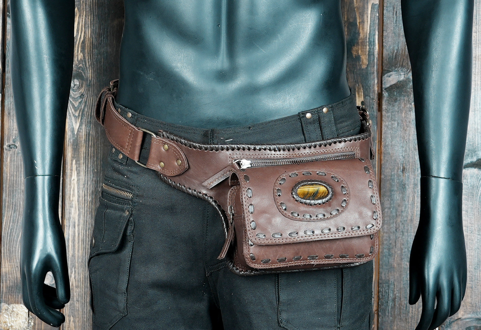 Buy Brown Leather Utility Belt Pouch With Real Gems Stone Online in USA