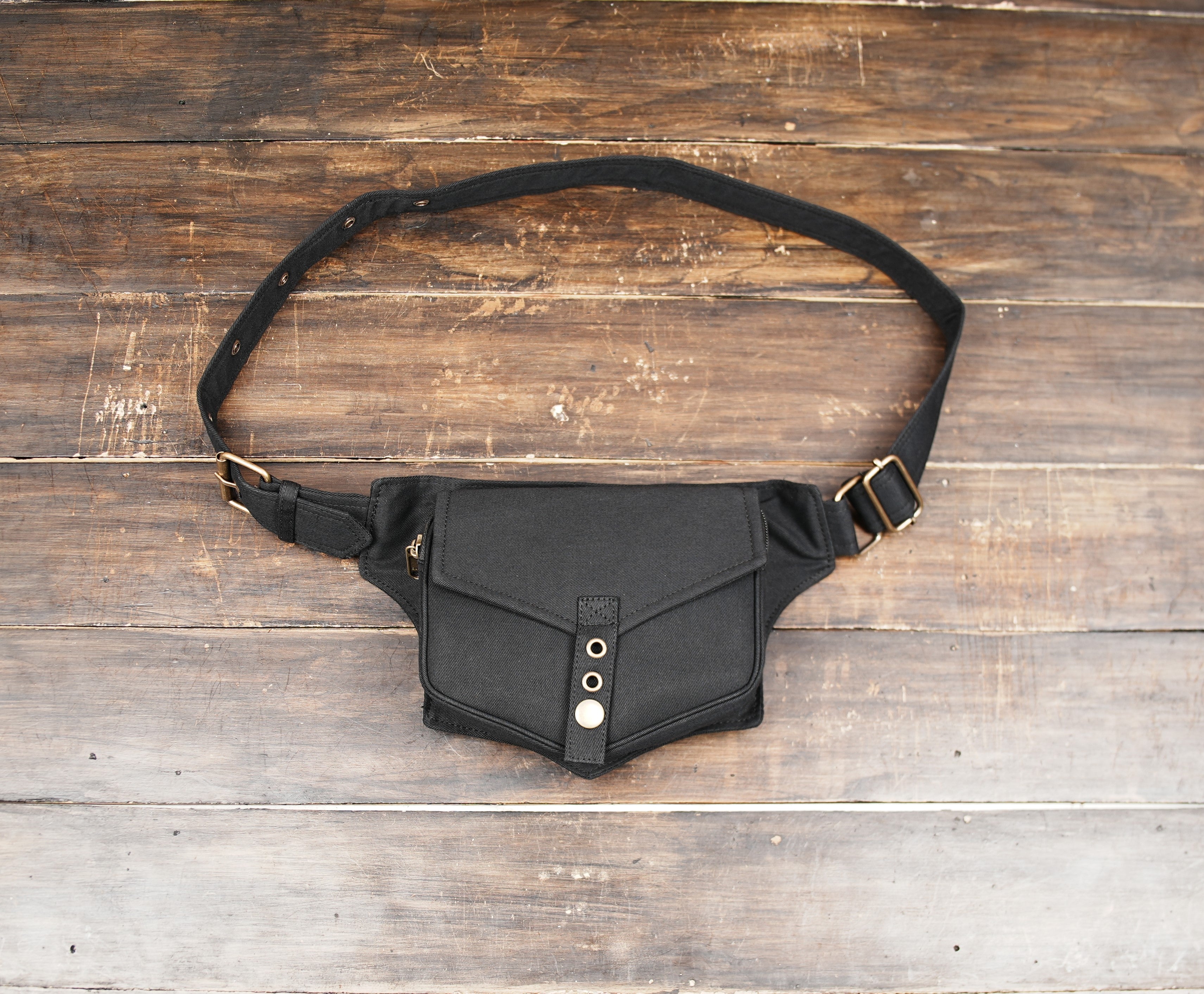 Black canvas waist bag with snap button front