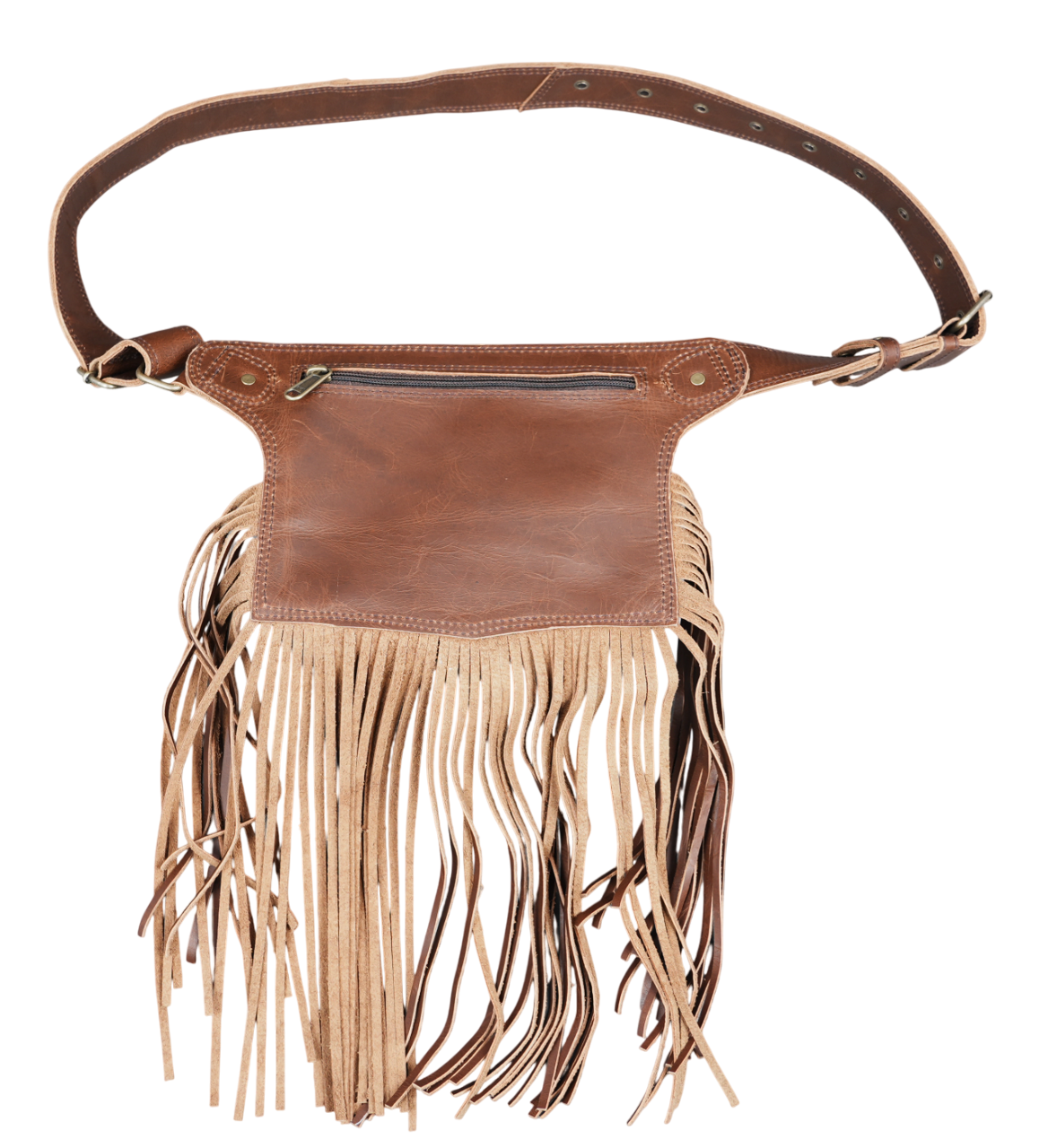 Rustic leather festival belt with decorative fringe and secure flap