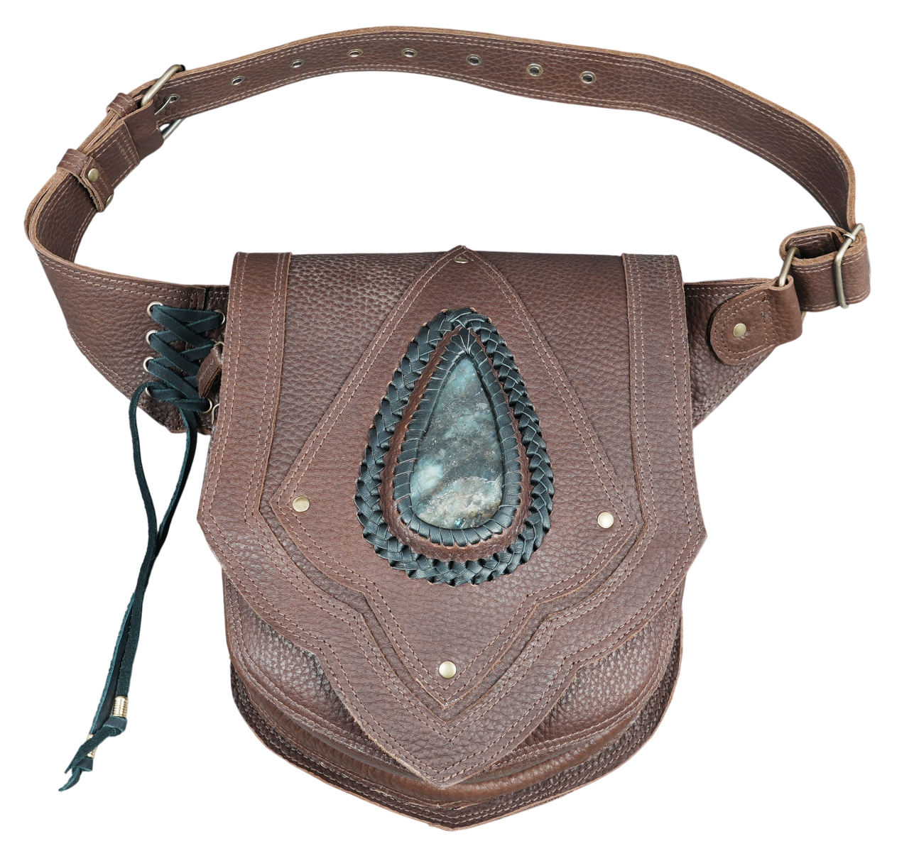 Ethnic inspired handcrafted leather pouch with braided stone frame