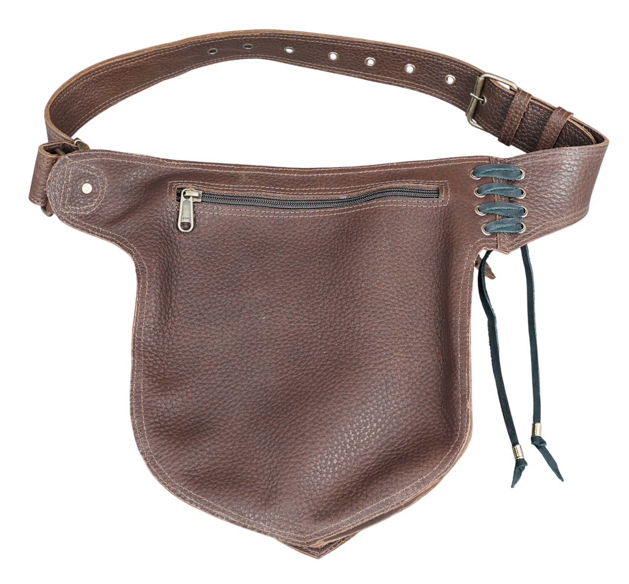 Brown leather costume utility belt with large gemstone and secure flap closure