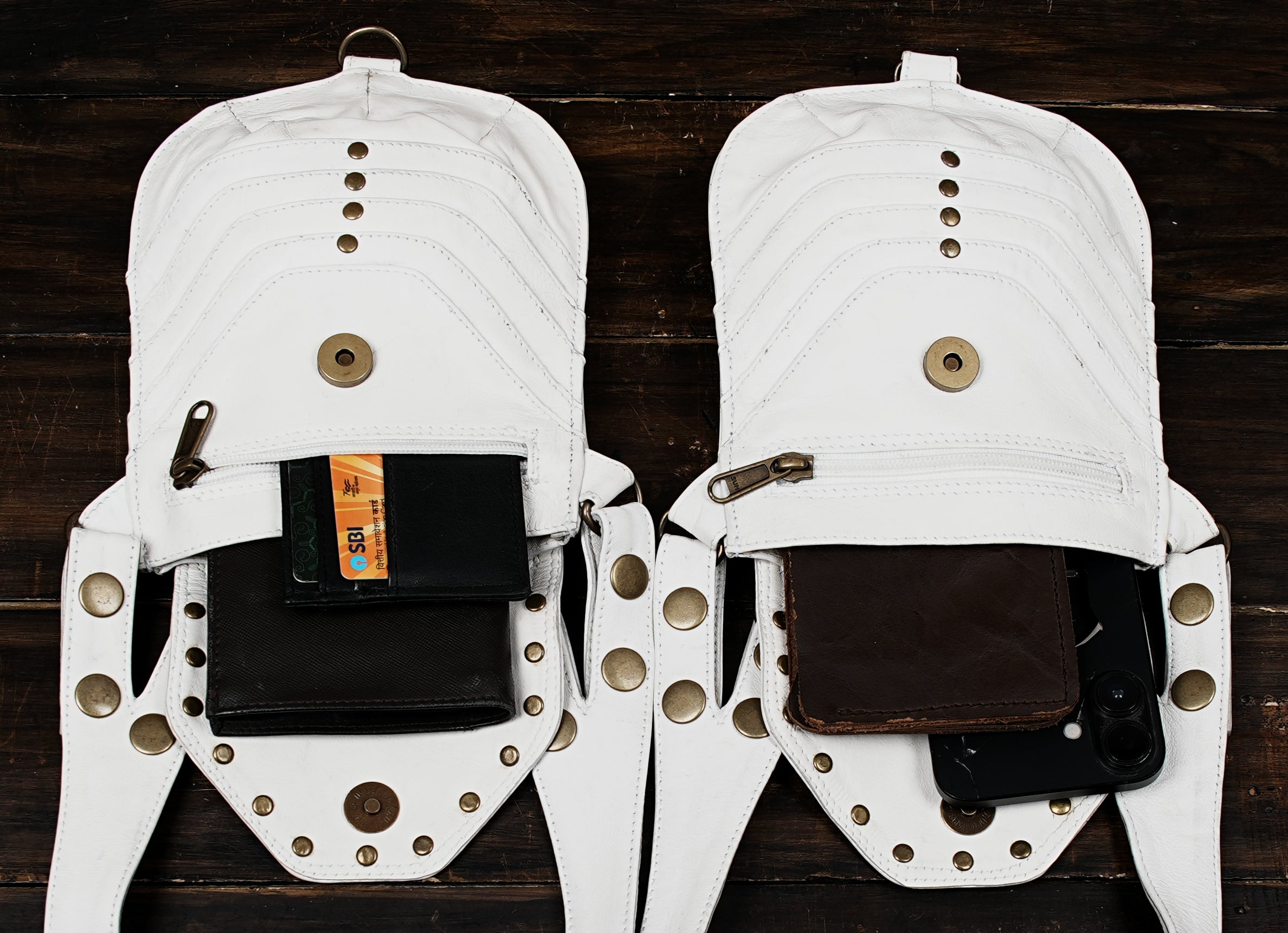 White leather double pouch holster for biker style outfits