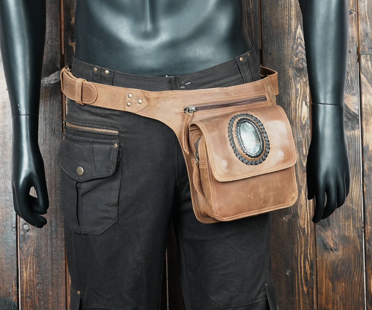 Handmade Black Leather Belt Bag with Labradorite Stone
