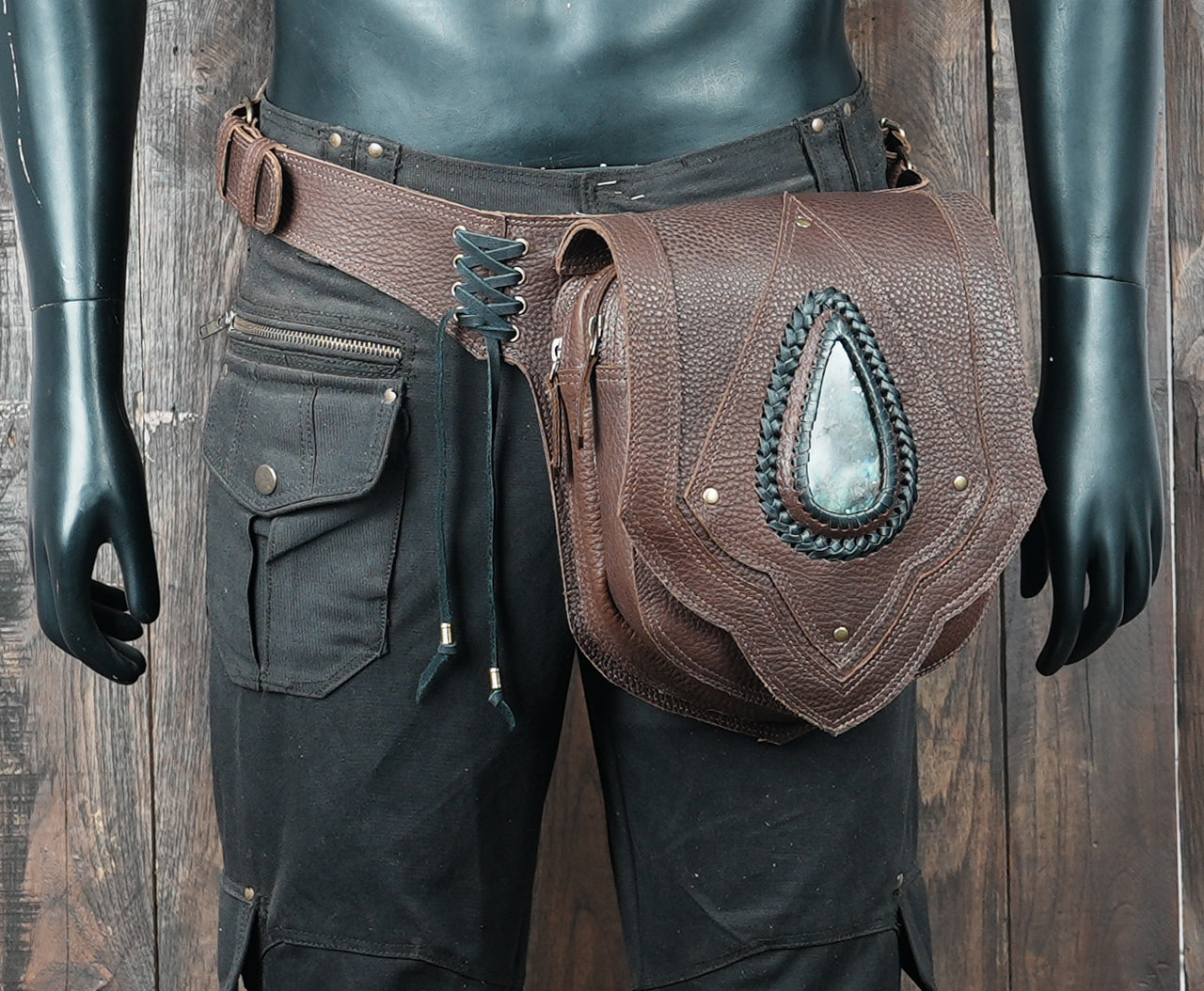 Bohemian leather hip pouch with statement gemstone and artisan style sewing