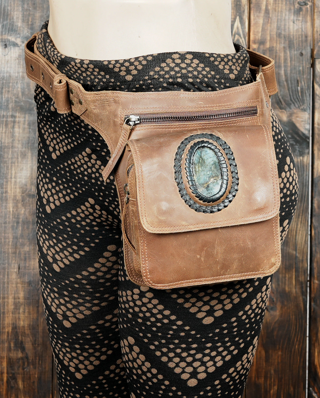 Stylish festival belt bag with labradorite gemstone on flap