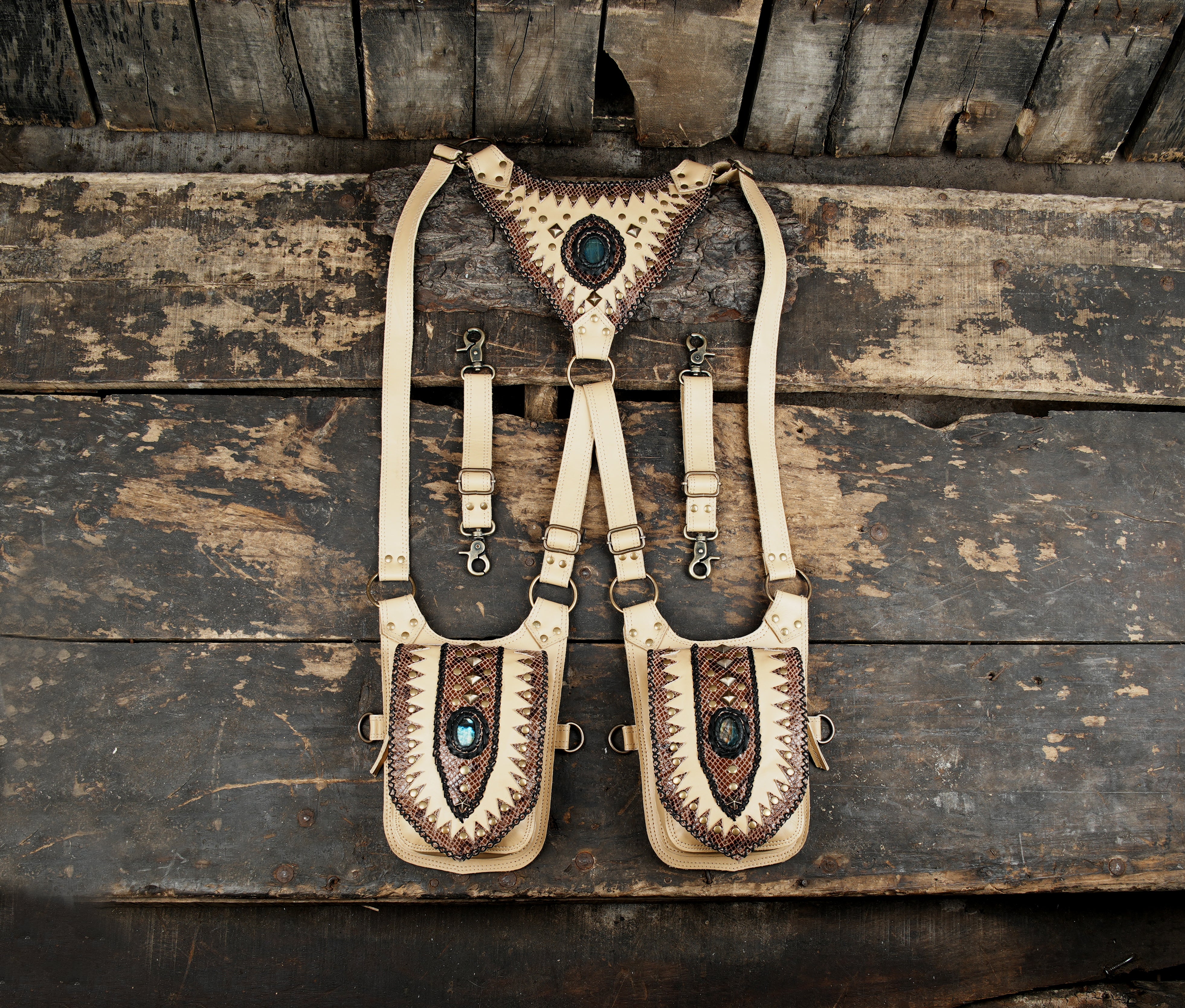 Handmade Black Leather Holster Belt with Dual Pouches, Gothic Holster Bag with Gemstone with Adjustable Straps, Steampunk Holster with white creativity 