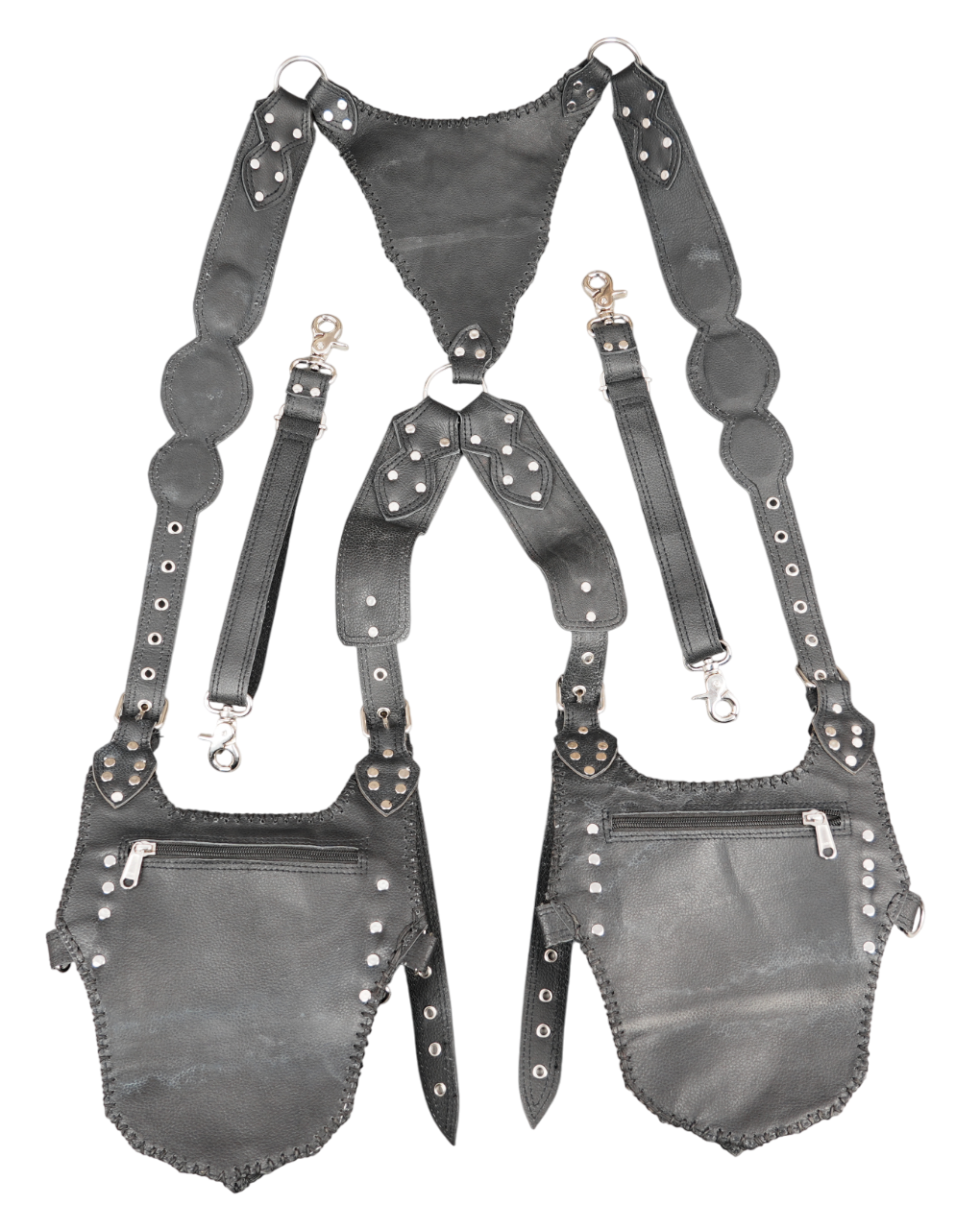 Premium handcrafted leather harness with fantasy-style pockets and clamps