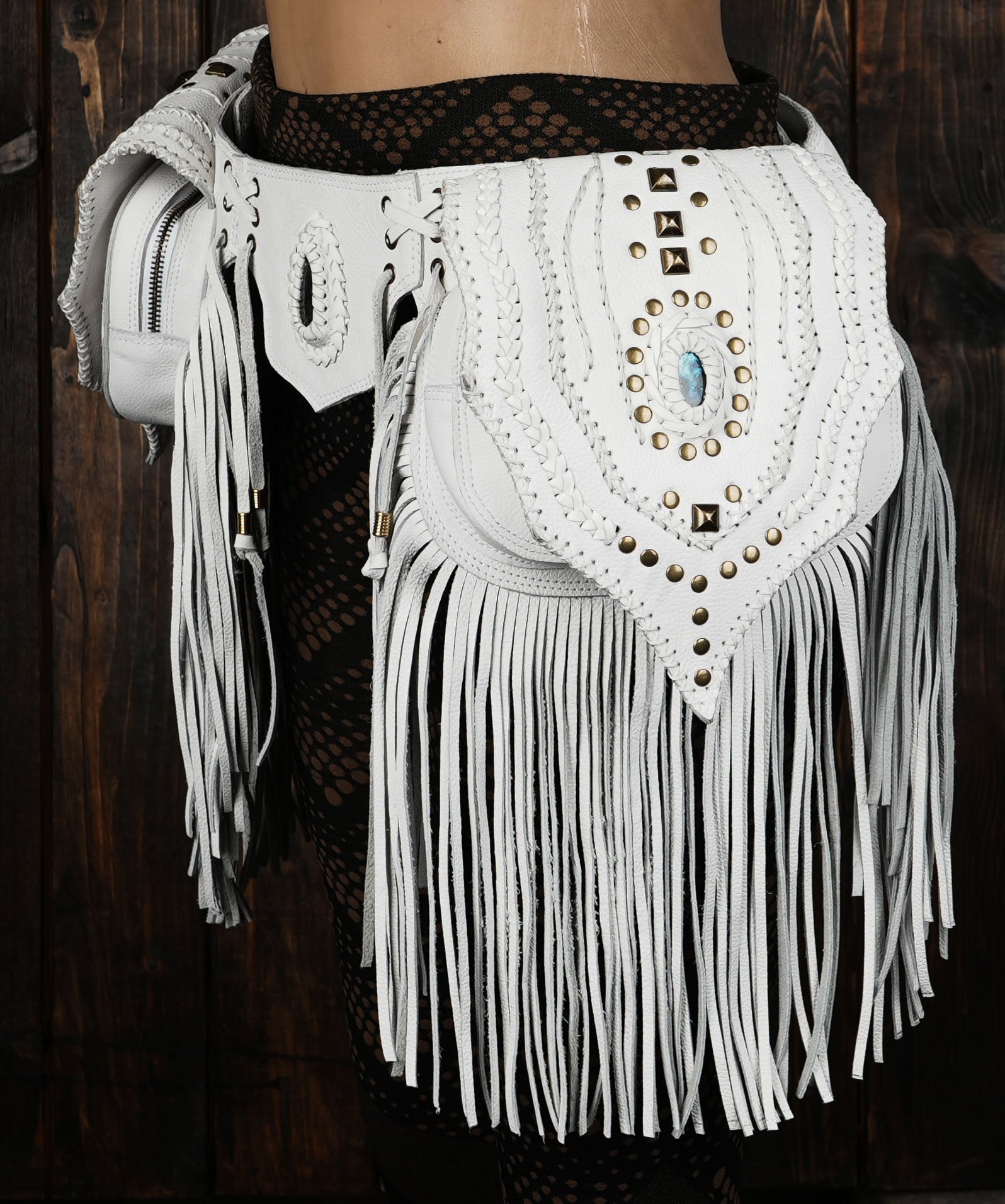 Handmade tribal leather hip bag with pockets and fringe