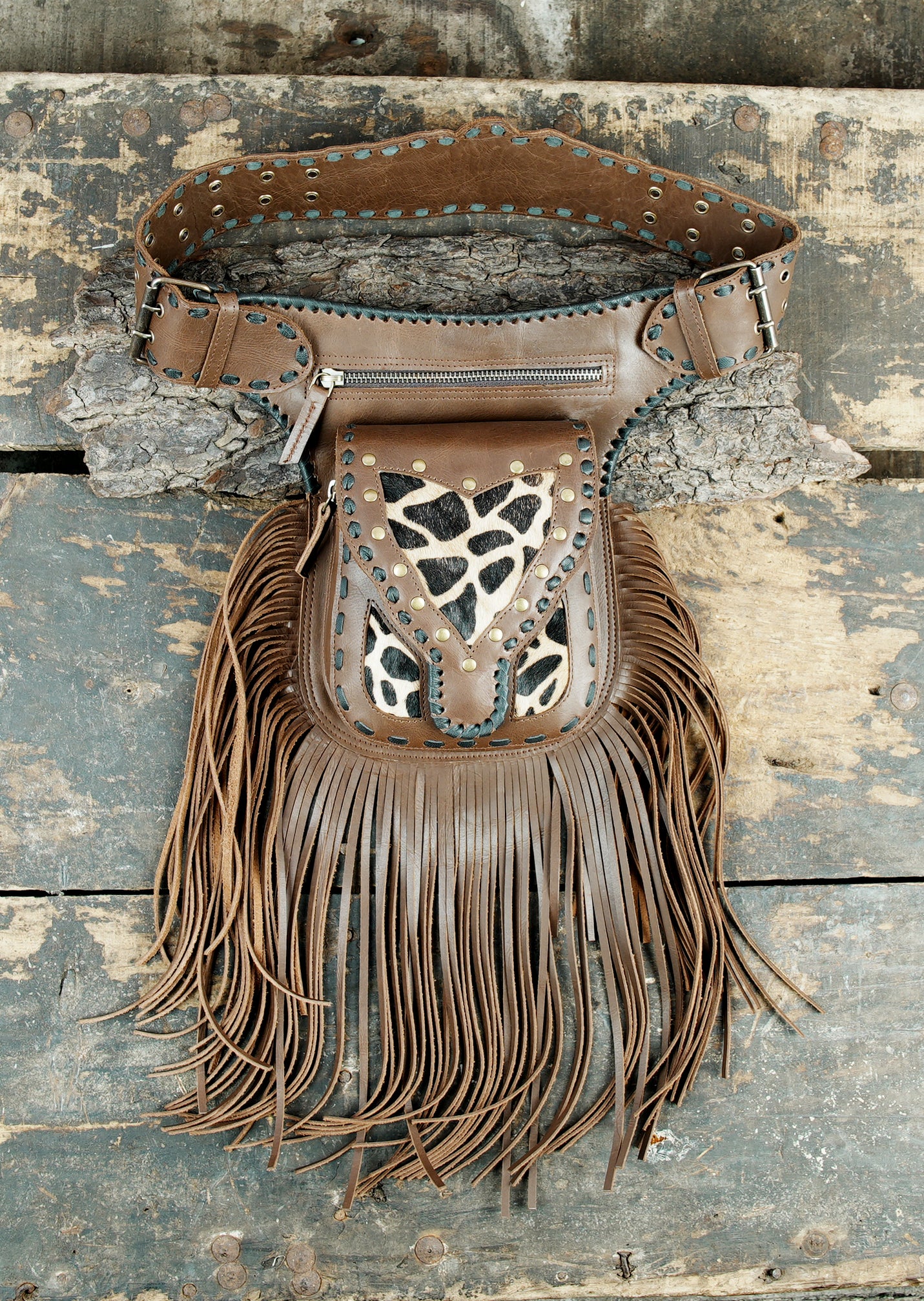 Brown Leather Hip Bag, Women's Western Fringe, Studded, Boho Crossbody, Waist Bag, Fanny Pack, Belt Bag, Bum Bag, Biker and visitor
